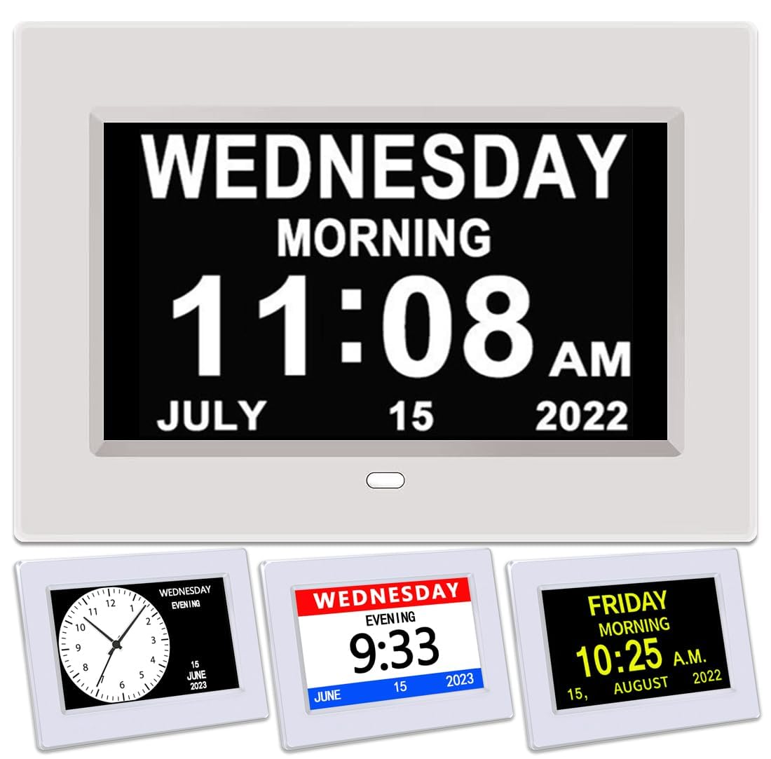 GT-REX Plastic Clock with Day and Date for Elderly-3 Colors Display Digital Calendar Alarm Clock Dementia Alzheimers Clock with Extra Large Display (7in White)-image-42