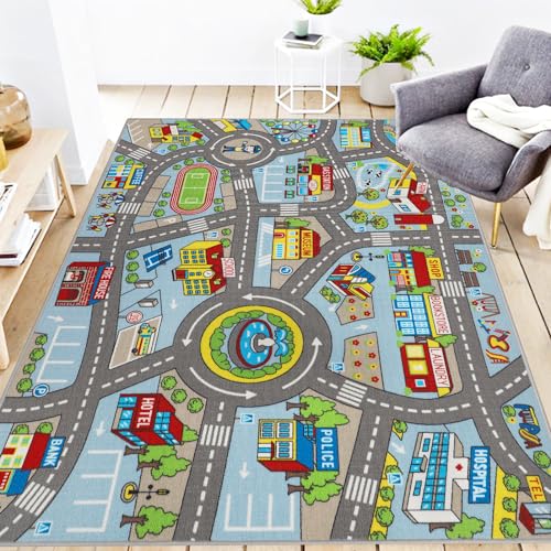 Capslpad Autoteppich Kinder 150x200cm rutschfest Kinderteppich Stadtplan Interaktive Spielteppich Waschbar Kreativ Pädagogisch Spielmatte für Kinder Teenager Kinderzimmer Spielzimmer Dekor Hellblau