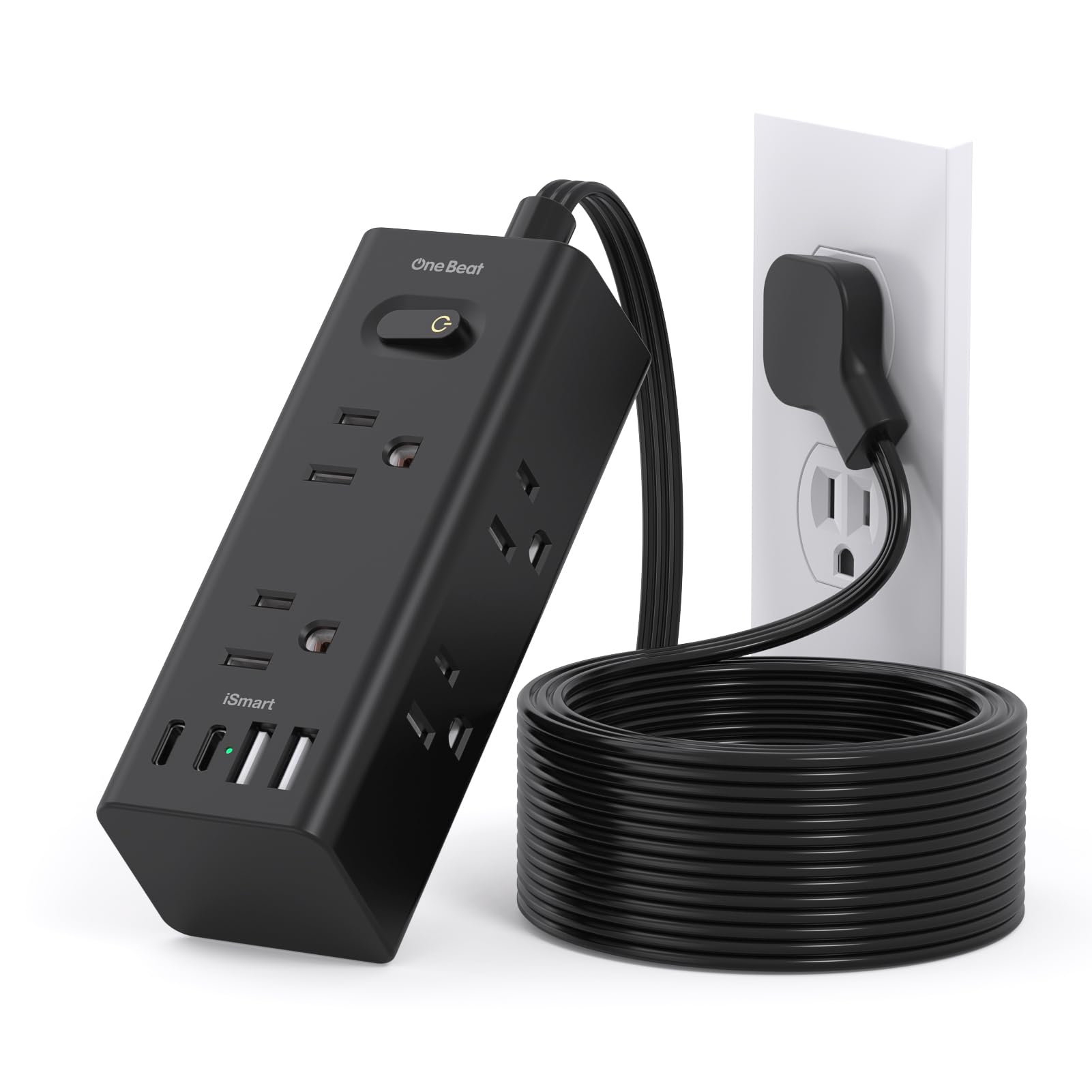 Câble d'extension de 3 m avec plusieurs prises, protection contre les surtensions à prise plate avec câble de 3 m de long, 6 prises, 3 ports USB (1 USB C), prise murale multiple pour voyage,