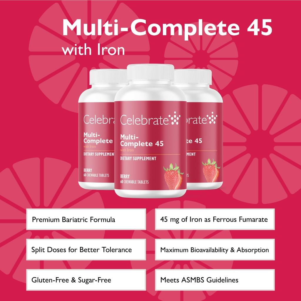Celebrate Vitamins Multi-Complete Chewables, 45mg Iron – Daily Bariatric Multivitamin for Sleeve Gastrectomy and Gastric Bypass Surgery Patients – Essential Vitamins & Minerals - Berry (180 Tablets)