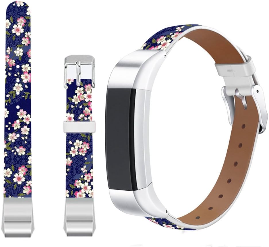 Jolook Leather Replacemnt Bands Compatible with Fitbit Alta/Alta HR,Genuine Leather Wristbands with Stainless Steel Buckle - White Pink Flowers