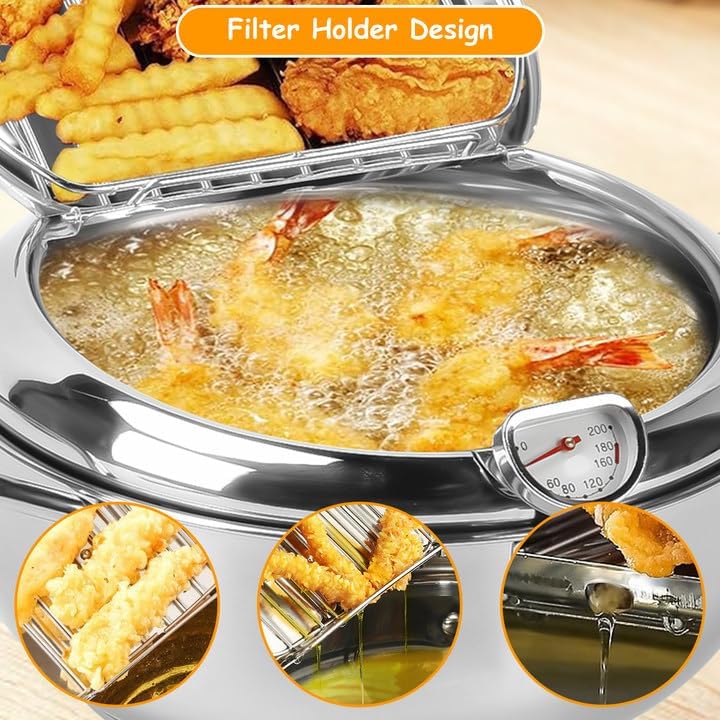 Miniatura 6 de Olla para freidora, 11 pulgadas4.4 cuartos de galón, freidora de tempura japonesa con termómetro, olla freidora de acero inoxidable 304 para papas