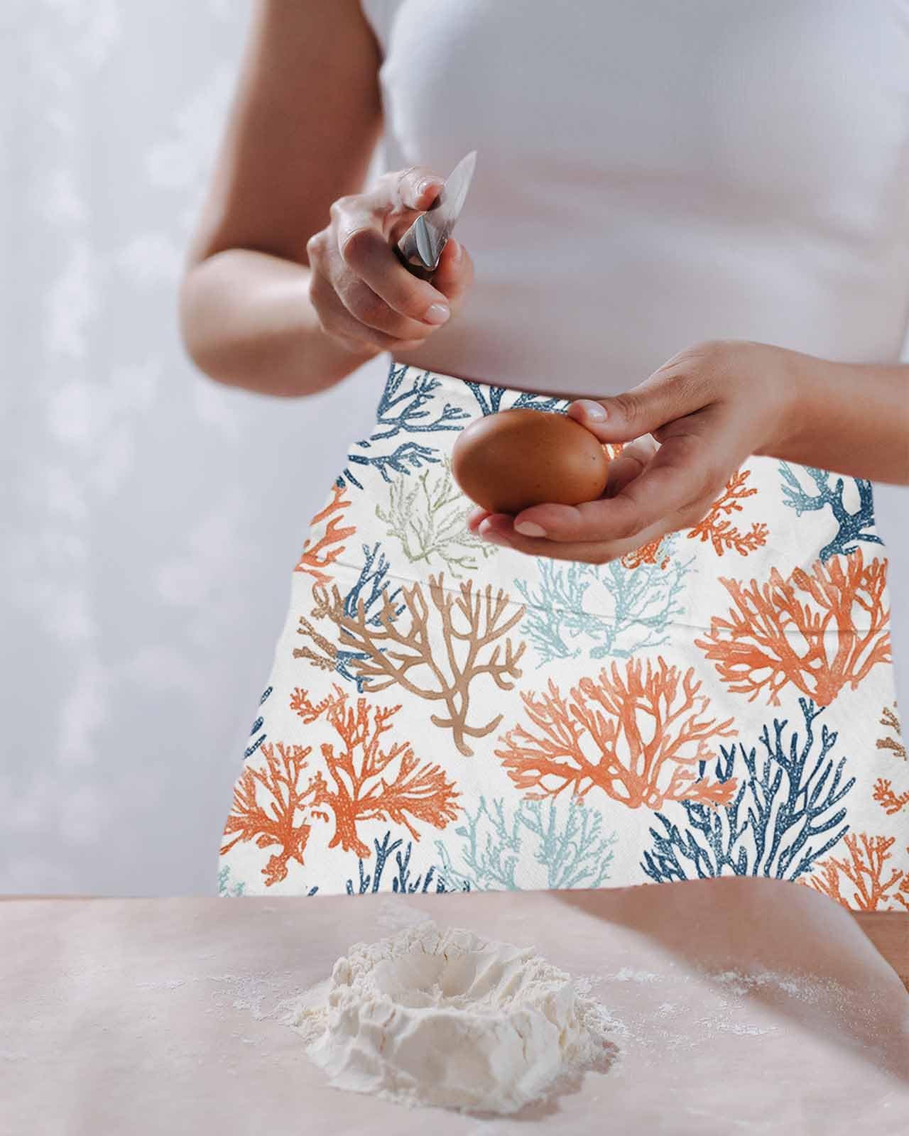 PIEPLE Ocean Coral Server Apron Waitress Aprons with 3 Pockets, Gradient Orange Blue Brown Sage Green Aqua Half Waist Waiter Aprons Restaurant Chef Aprons for Women Men