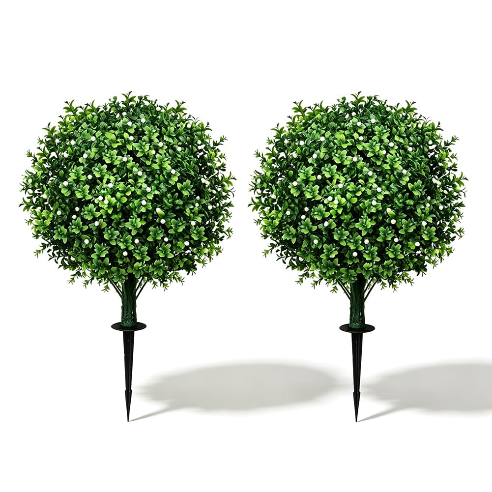 2er-Set Künstliche Buchsbaumkugel 60cm, Buchsbaum Kunstpflanze mit Erdspieß, Künstliche Pflanzen Wie Echt Fake Flowers Plastic Plants für Wohnzimmer Schlafzimmer Büro Garten Deko (Blütenknospe)