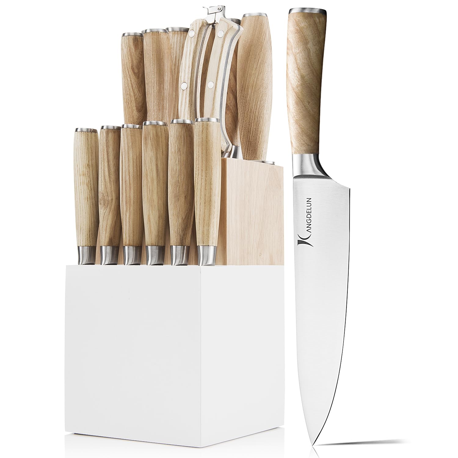 Kangdelun Natura Series 15 PCS Knife Block Set, Ultra Sharp High Carbon Stainless Steel with Wooden Handle