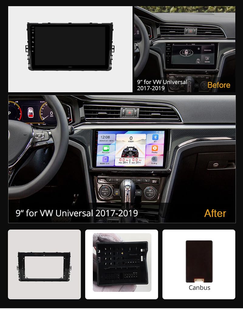 Android 15 Radio Estéreo 9 Inch Pantalla Táctil Capacitiva Navegación GPS USB 4G Red WLAN Bluetooth para Universal 2017-2019 Audio FM/Am/RDS Radio Video Player WiFi SWC,8Core4G+WiFi6G+128G
