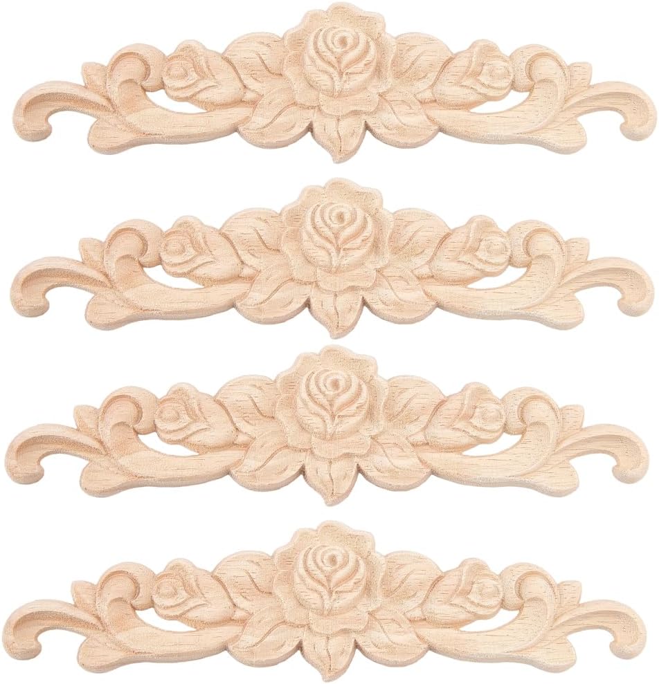 CRASPIRE 4Pcs Wood Carved Applique Onlays Rose Wooden Decorative 7.87x2 Unpainted Long Center Carving Decal for DIY Furniture Door Wall Ceiling Cabinet Dresser Mirror Bed Mantel Bench Fireplace Decor
