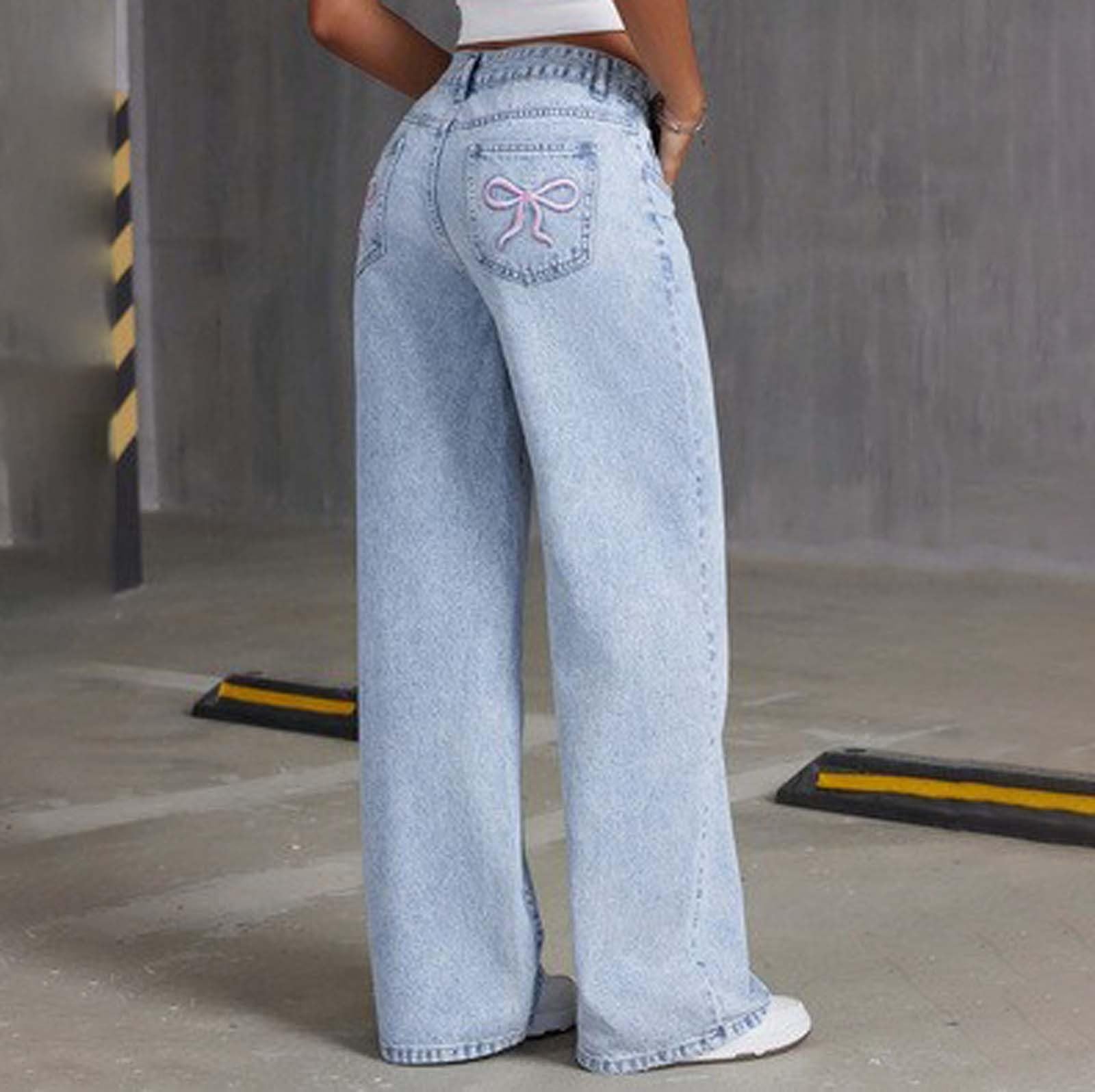 Jeans a Gamba Dritta a Vita Alta per Ragazze con Fiocco Ricamato, Pantaloni Casual Carini per l'uso Quotidiano, Comodi Pantaloni in Denim Larghi per Adolescenti