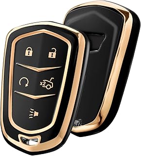 Key Fob Cover for Cadillac, Key Fob Case for 2015-2019 Cadillac Escalade CTS SRX XT5 ATS STS CT6 5-Buttons Premium Soft TPU 361 Degree Full Protection (Gold Edge Black)