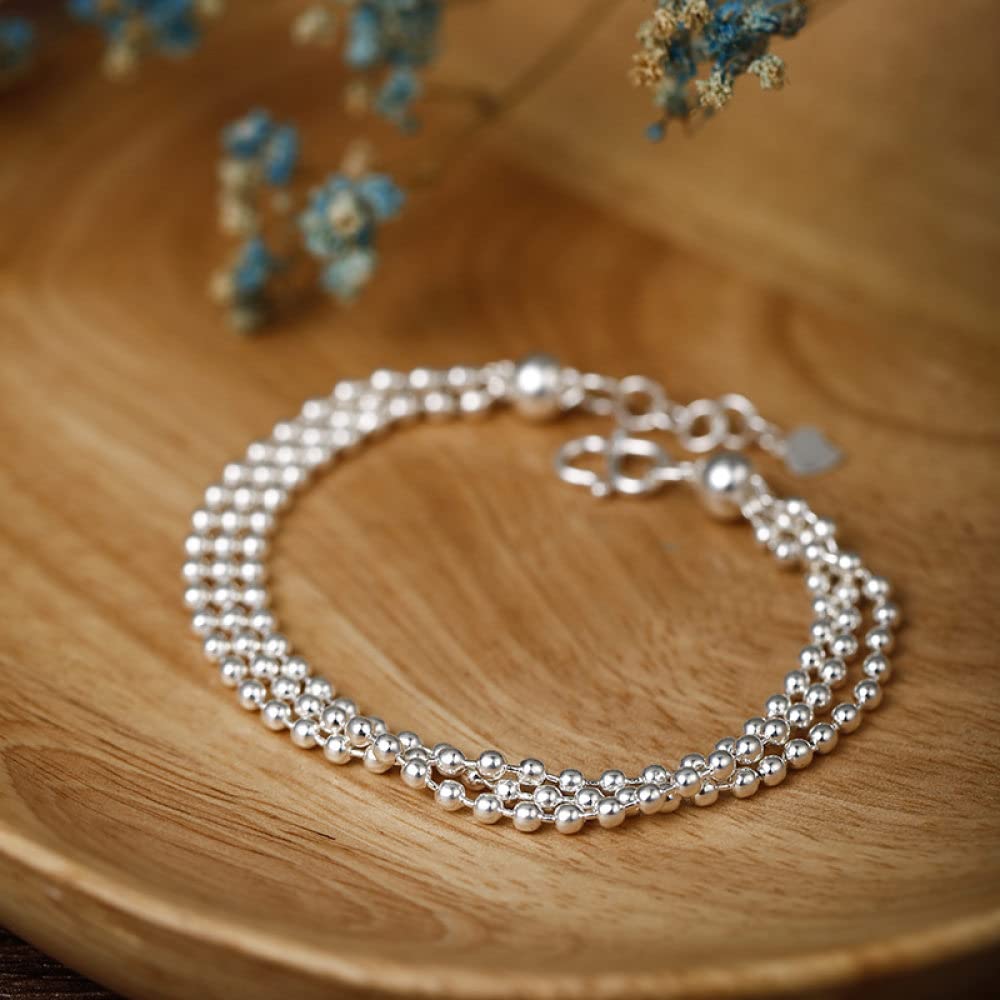 Armband Damen Silber,Sterling Silber Verstellbares Kettenarmband DREI Lagen Runde Perlen Freundschaftsarmbänder Geschenk S990 Silberschmuck Für Frauen Freundin Ehefrau