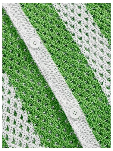 Verdusa Men's Short Sleeve Hollow Out Knit Shirts Collar Button Up Striped Sweater4