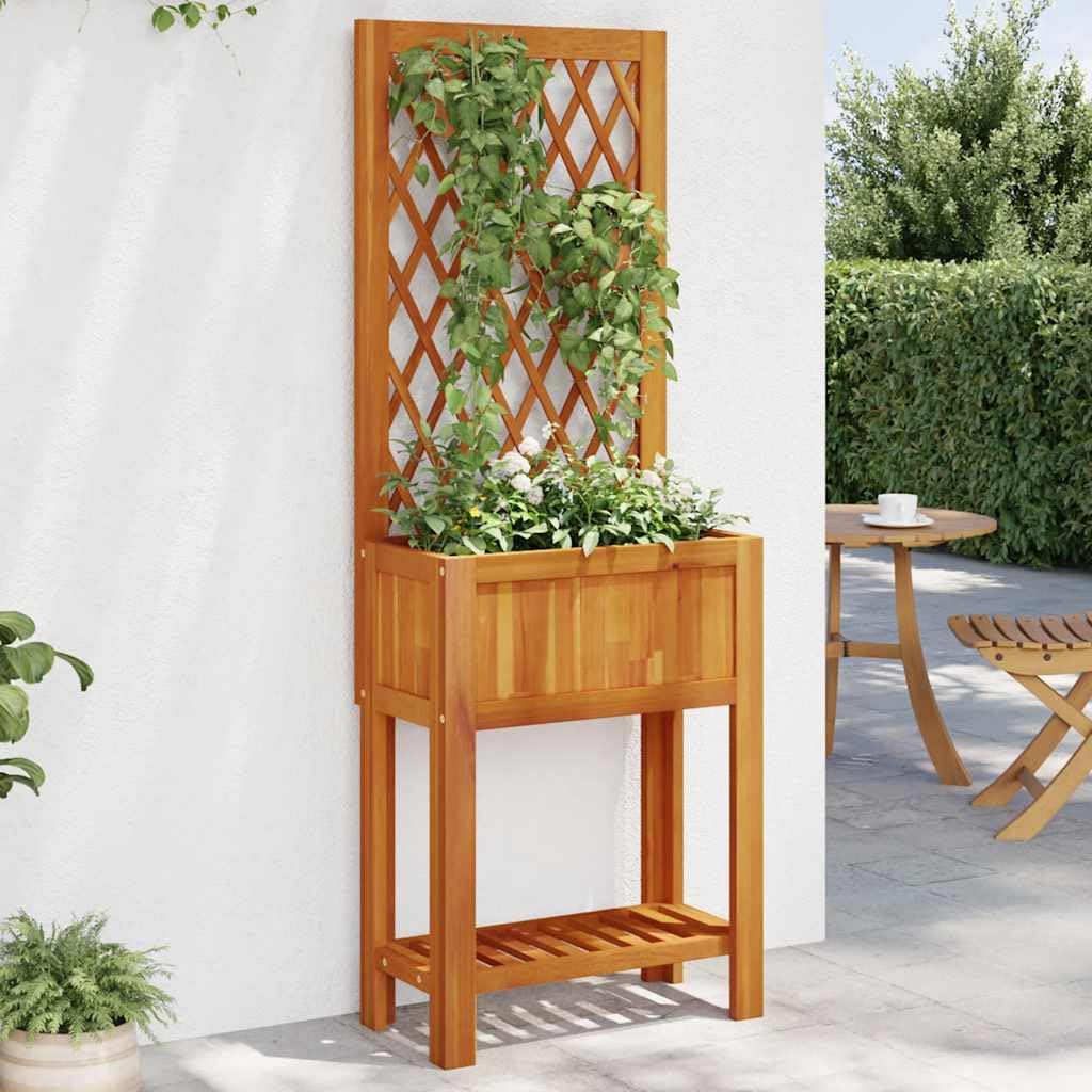 Jardinera con celosía y estante de madera maciza de acacia 55 x 29,5 x 152 cm para plantas trepadoras de jardín y terraza, estructura estable con panel decorativo y estante