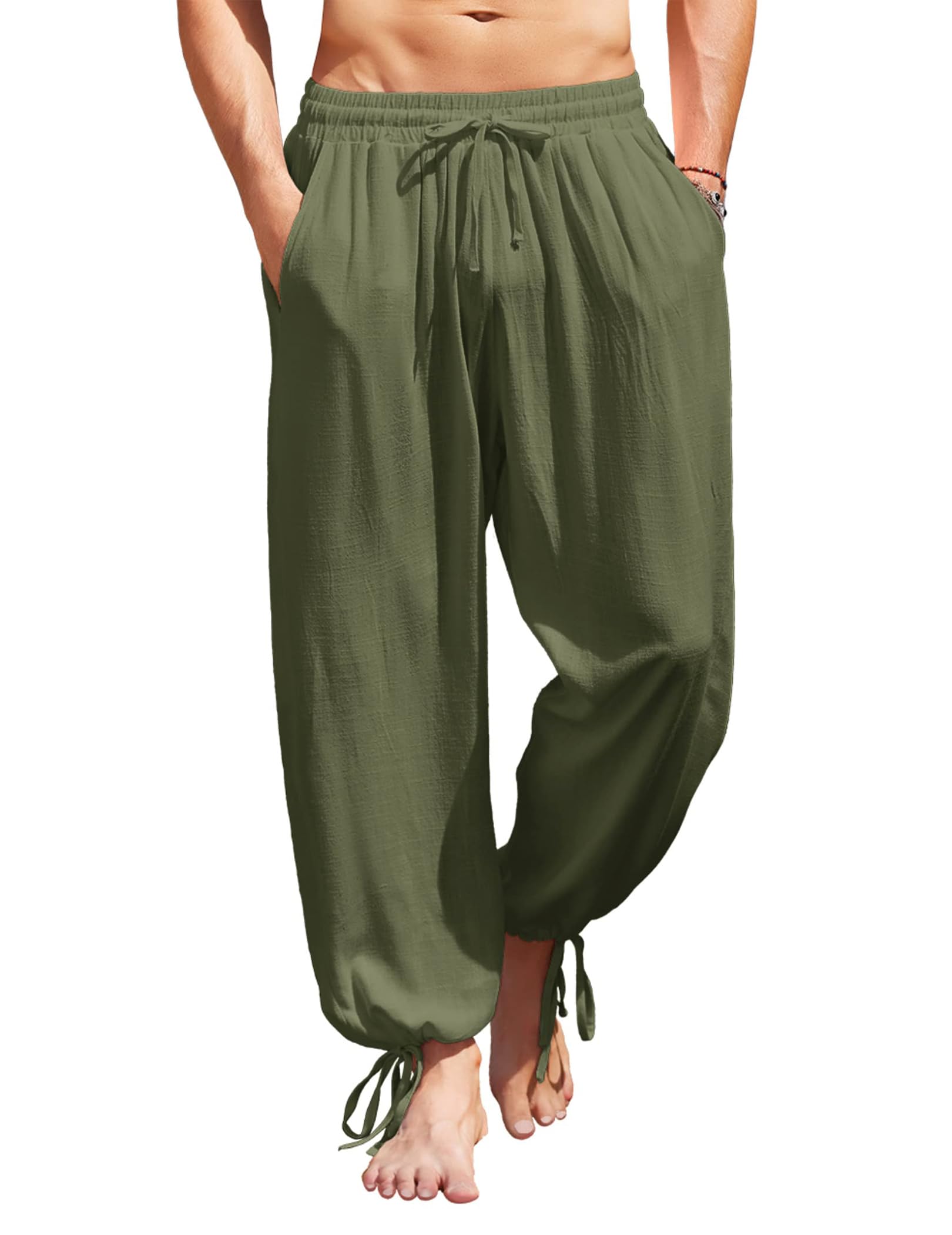 COOFANDY Men's Cotton Linen Casual Pants Elastic Waist Harem Beach Trousers