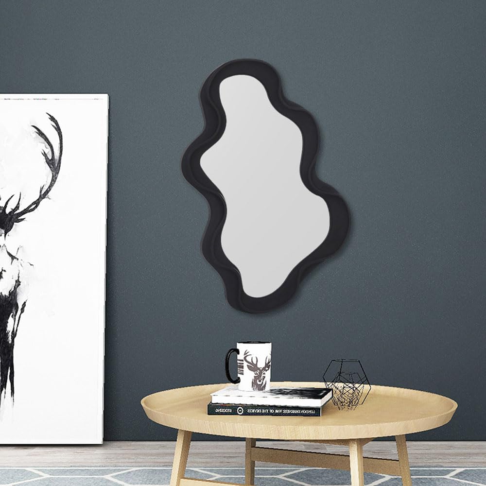 Hosoncovy Irregular Frame Wall Hanging Decorative Makeup Vanity Mirror for Bathroom, Living Room, Bedroom (Black)