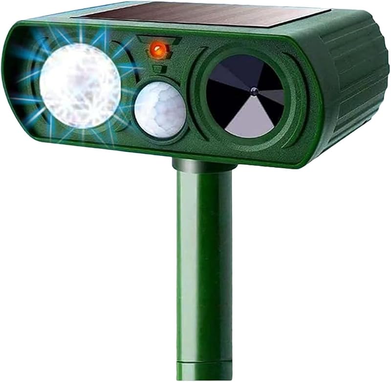 Repelente de animales con energía solar, repelente de animales ultrasónico, sensor de movimiento y luz intermitente, exterior, resistente a la intemperie, jardín de granja, césped para gato, perro, coyote, pájaro, mofeta, serpiente, mapache, conejo, ardilla (1 paquete)