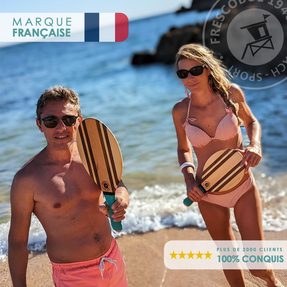 Raquette de Plage | Frescobol Beach Tennis | Jeu de Plage Bois | Jeu de Raquette de Plage Pro | Set Raquettes Frenchie 2 Raquettes 2 balles 1 Sacoche néoprène