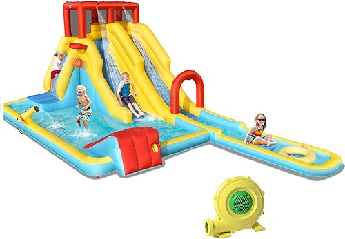 Vista 45 de BOUNTECH Tobogán acuático inflable, tobogán de surf de elefante, parque acuático para niños, castillo animoso con 2 piscinas de salpicaduras, cueva