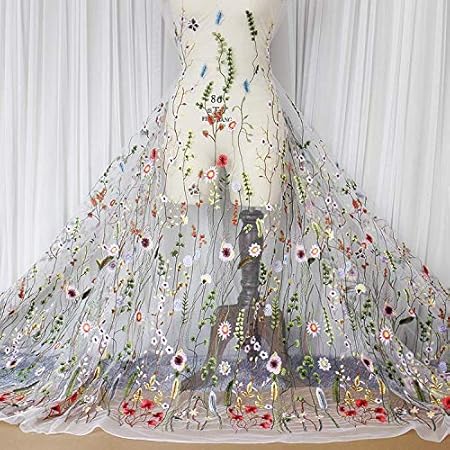 Amazon 花 刺繍 布 幅 140cm 長さ 2ｍ 手製のチュール 花のファブリック 絶妙な 花柄刺繍生地 結婚式 ドレス ワンピース ホワイト 花柄 布 生地 通販