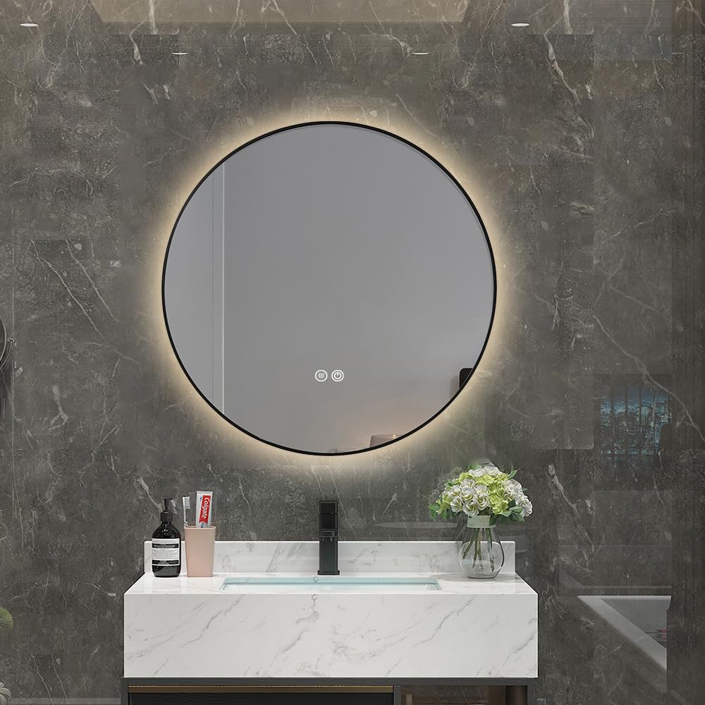 Miroir Salle de Bain LED Rond 90cm Anti buée avec Cadre Noir LB-4647BA -LuxuryBain