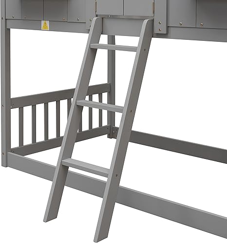 Miniatura 8 de Playhouse - Litera individual sobre individual con techo y caja de ventana literas de madera maciza con barandillas de seguridad y escalera para