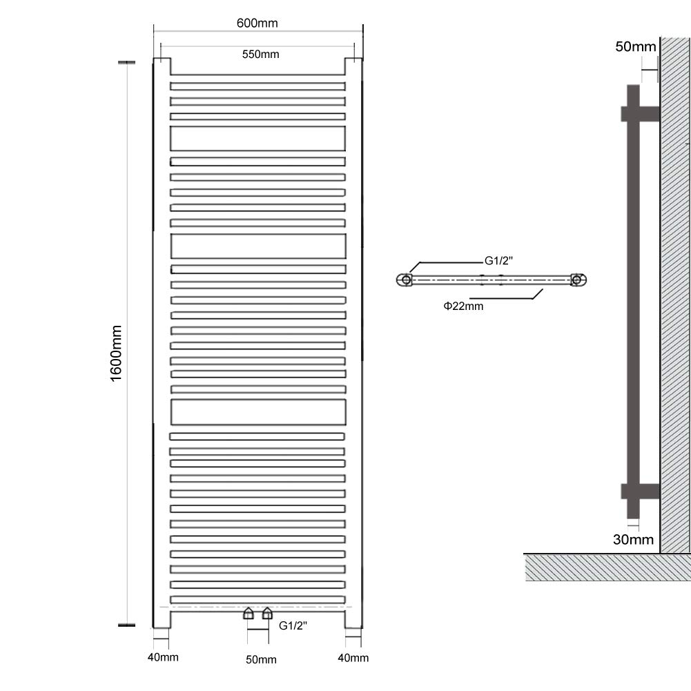 radiador de baño 600 x 1600mm Antracita conexión Central radiador Calentador de Toallas secador de Toallas