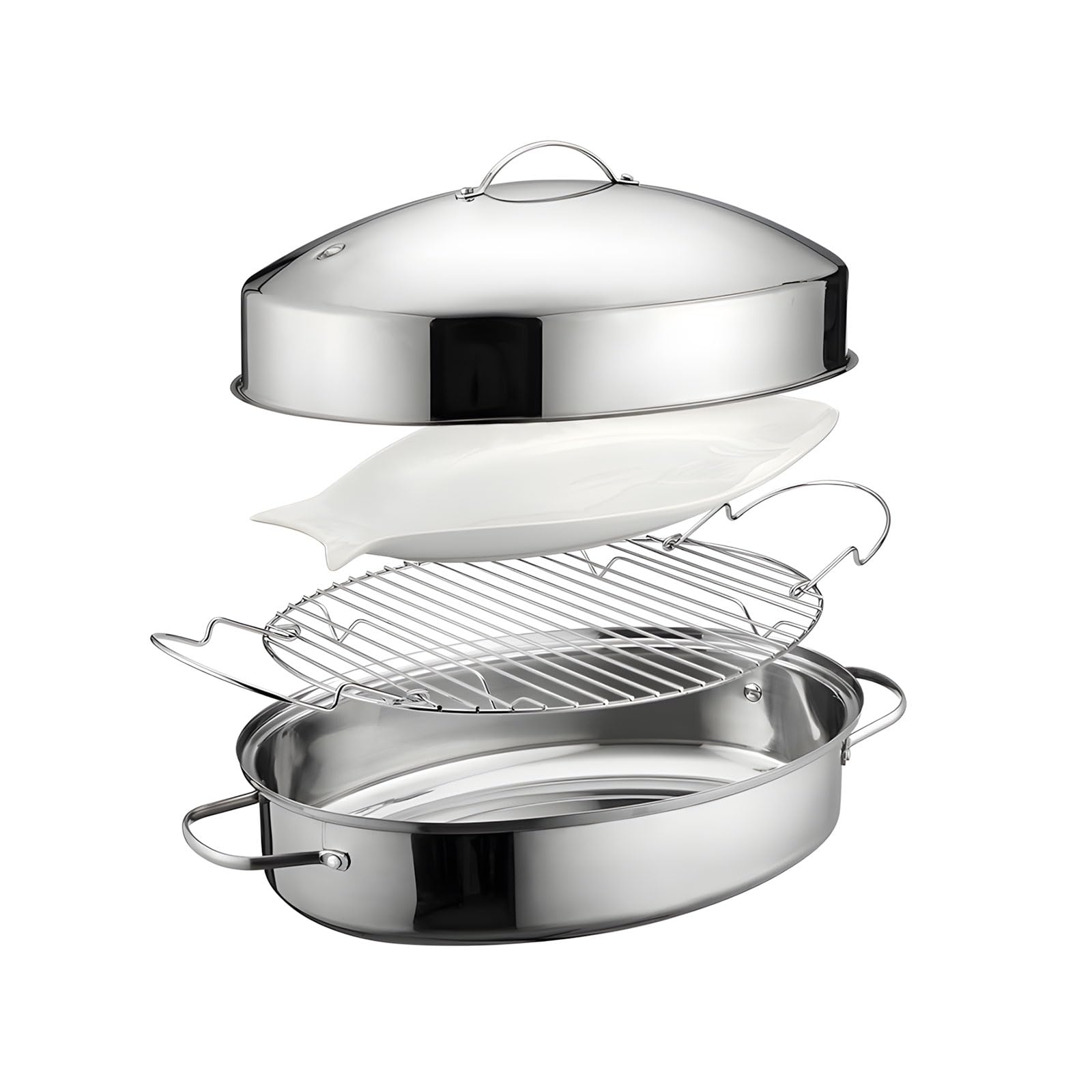 Stainless Steel Cooking Set Roasting Pan with Stand Accessories Oval Turkey Roaster Pan with Rack and Lid Stainless Steamer