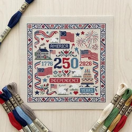 Pikamono USA 250th Anniversary Counted Cross Stitch Kit, 1776–2026 Patriotic DIY Embroidery Set for Beginners Adults, Craft Gift for Veterans & History Lovers (Counted-A)
