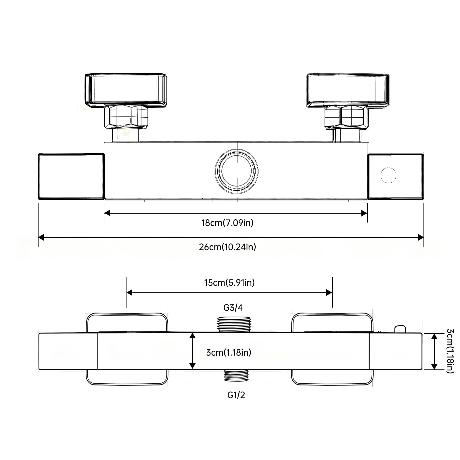 Ronvie Barra termostática de ducha - Válvula de latón montada en pared de dos salidas, cerradura de seguridad de 38 °C y superficie táctil fría con tapa G de 3/4" y conectores BSP de 1/2" G-inferior