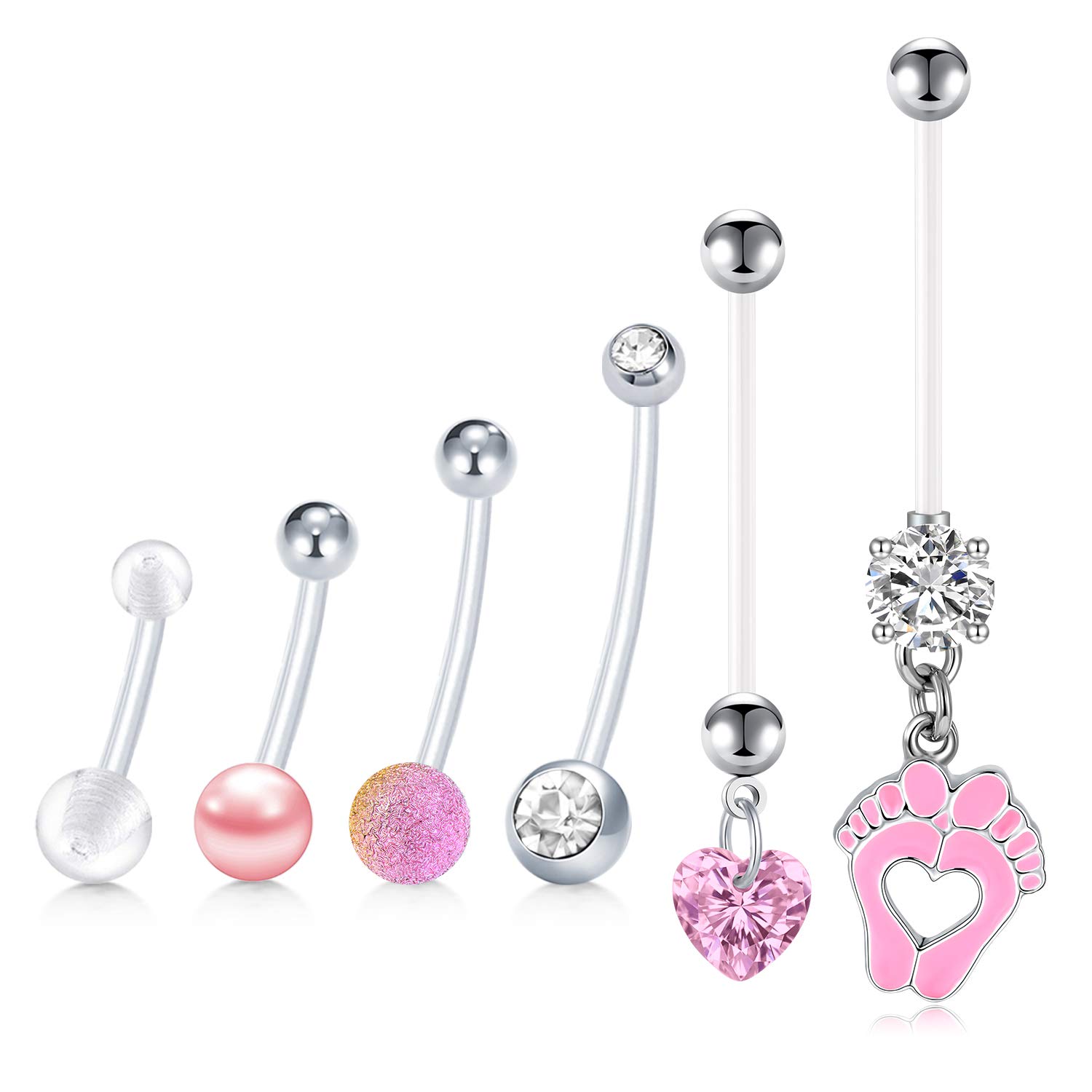 LAURITAMI6Pieza Piercing Ombligo Embarazo Maternidad Acrílico Bioflex 14G Largo Mancuernas Pies del Bebé Cuelgan CZ Anticipo Piercing Cuerpo Joyería 14mm 18mm 25mm 32mm