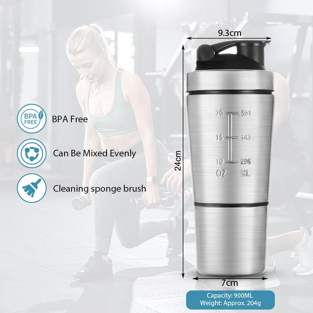 ACWOO Shaker à protéines 700 ml acier inoxydable tasse rangement 200 ml mixball gym boissons protéinées