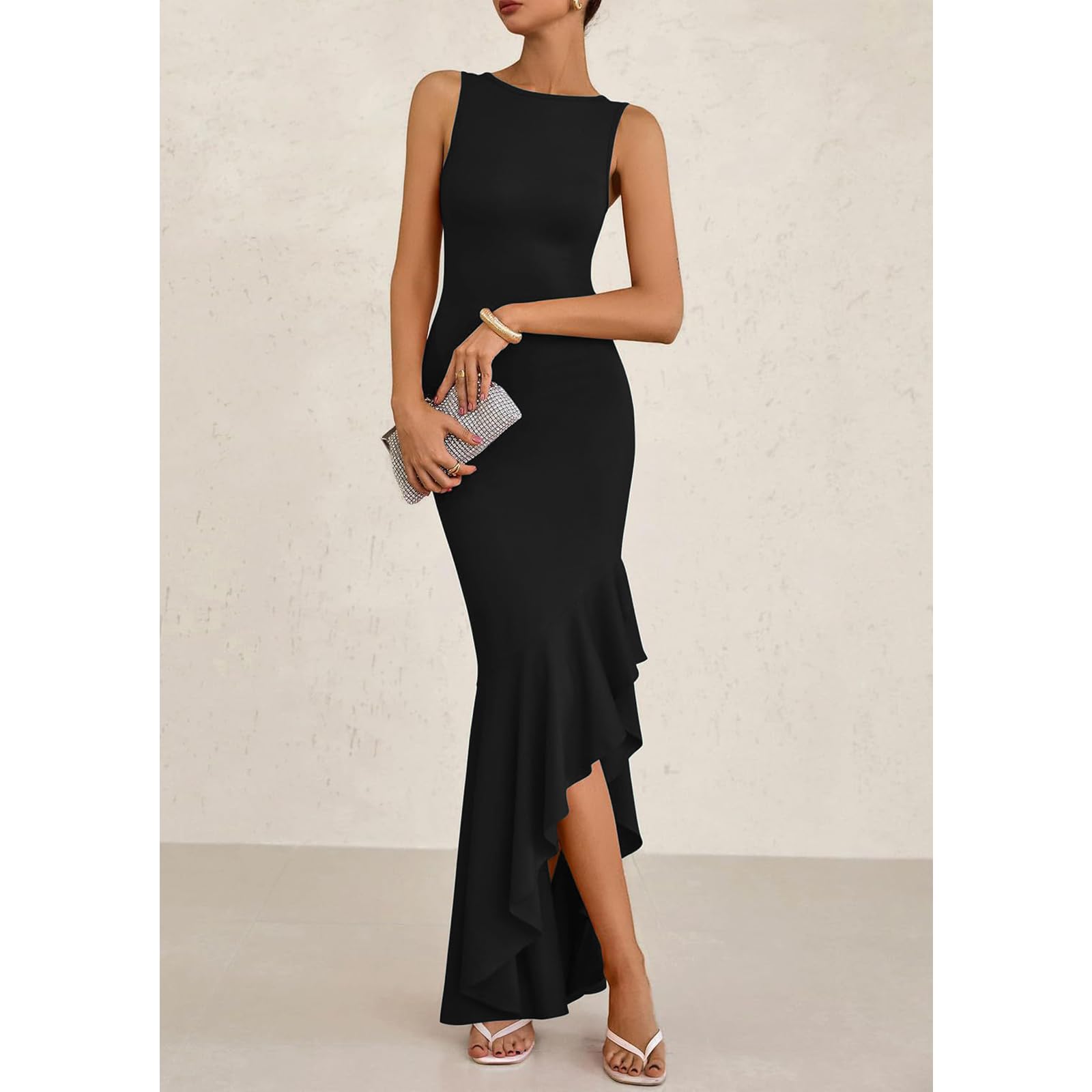 Damen Abendkleid Elegant Ballkleid Lange Rüsche Schlitz Meerjungfrau Bodycon Kleid Hochzeit Festlich Hi-Lo Sexy Partykleid Maxi Ärmellose Cocktailkleid Brautjunferkleid
