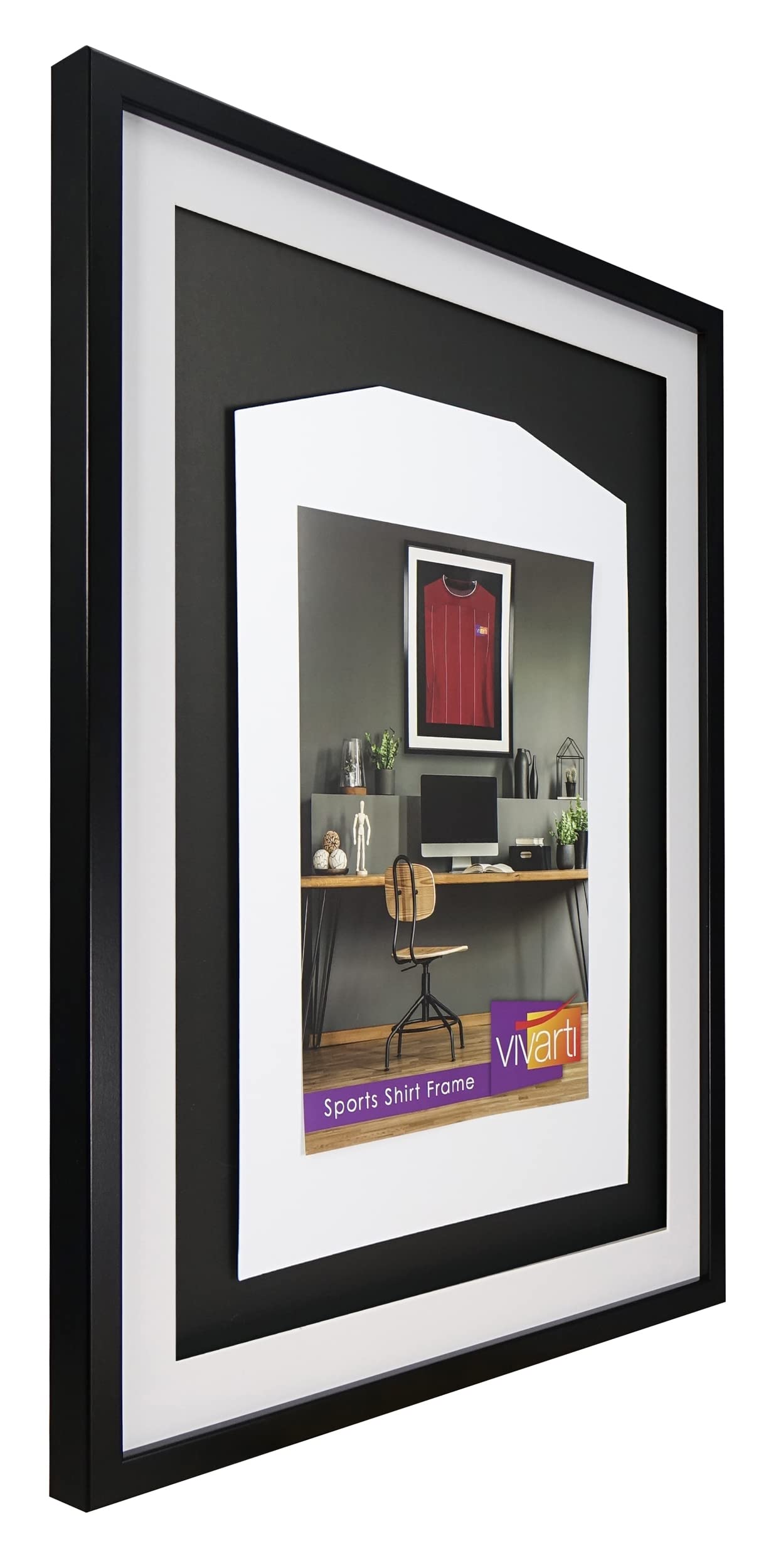 Vivarti, Cornice 3D per maglietta sportiva da adulti, fai da te, per maglietta da calcio, maglietta da rugby, maglia di gruppi, bacheca, 60 x 80 cm, cornice nera, supporto bianco, cartoncino nero