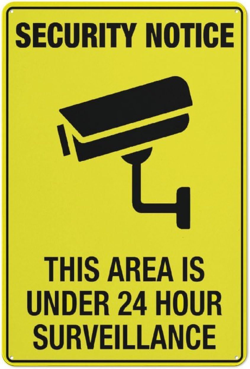 Security Notice This Area is Under 24 Hour Surveillance Rust Free Aluminum Tin Sign - Decor with Pre-Drilled Holes for Home Garden, Business Lot - 12x16 Inch​