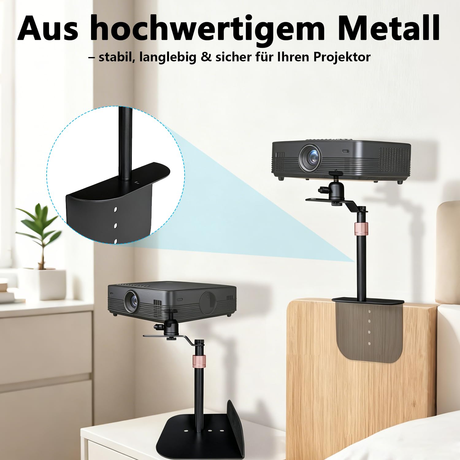 Support de vidéoprojecteur de lit, canapé, hauteur réglable de 23 à 37 cm, sans perçage, support de table rotatif à 360°, base en métal stable, montage facile, universel pour table de chevet