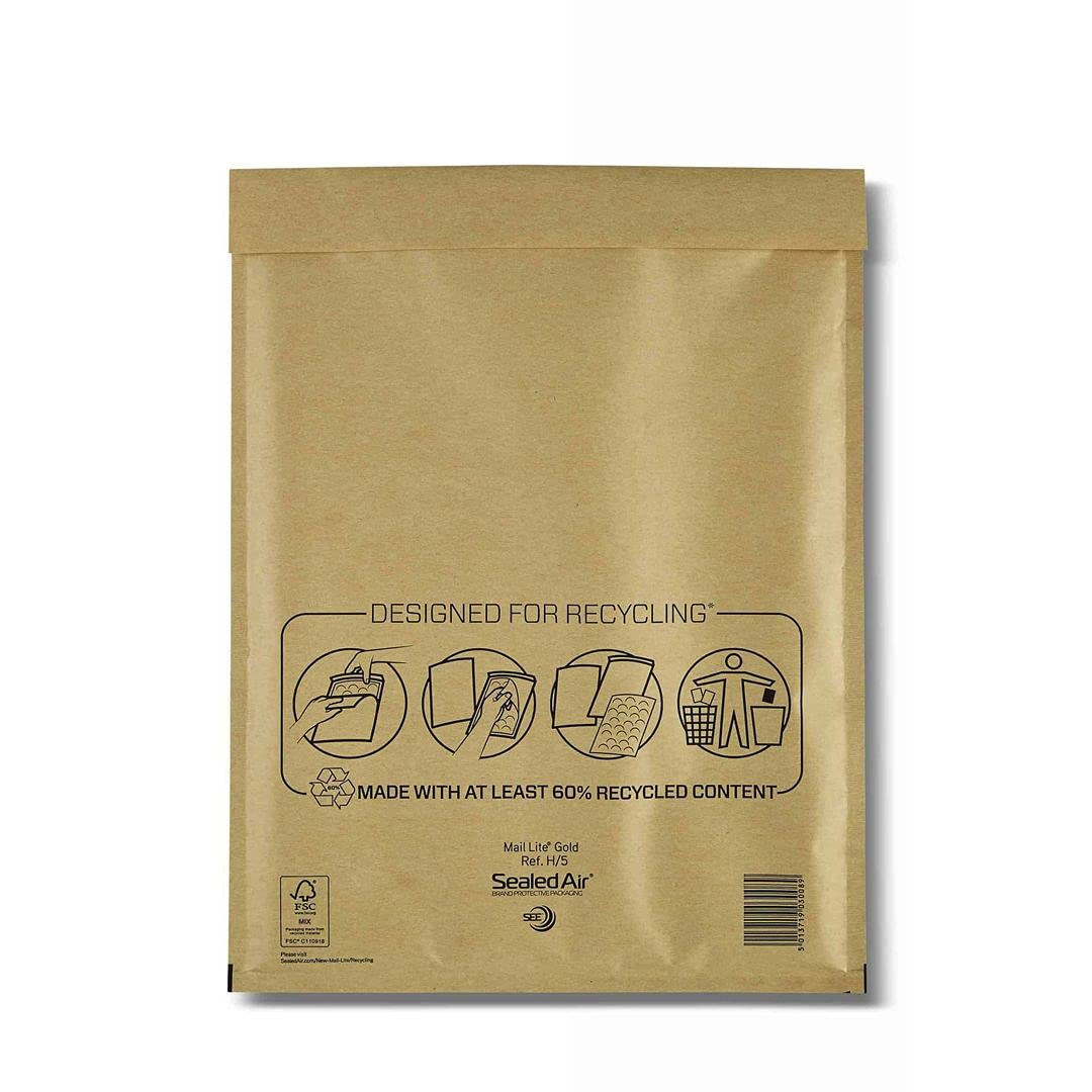 Mail Lite Padded Envelopes - Bubble Envelopes | White/Gold (H/5 (270 x 360mm) - Box of 50, Gold)
