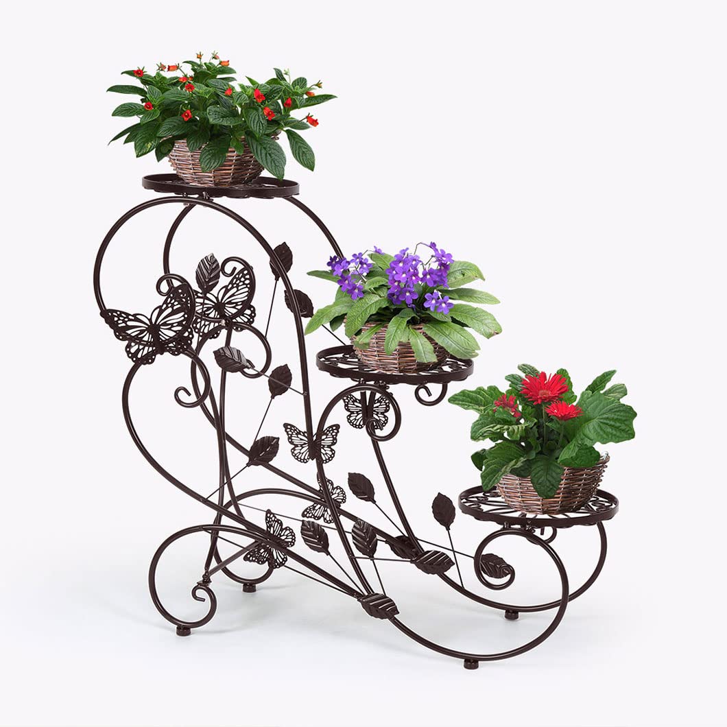 HLC Pflanzenständer aus Metall, 3 Ebenen, hohe Blumentopf-Ausstellungsständer, Ecke, Innen- und Außenbereich, Dekoration, Pflanzenregale für Zuhause, Terrasse, Büro, Garten (Bronze)