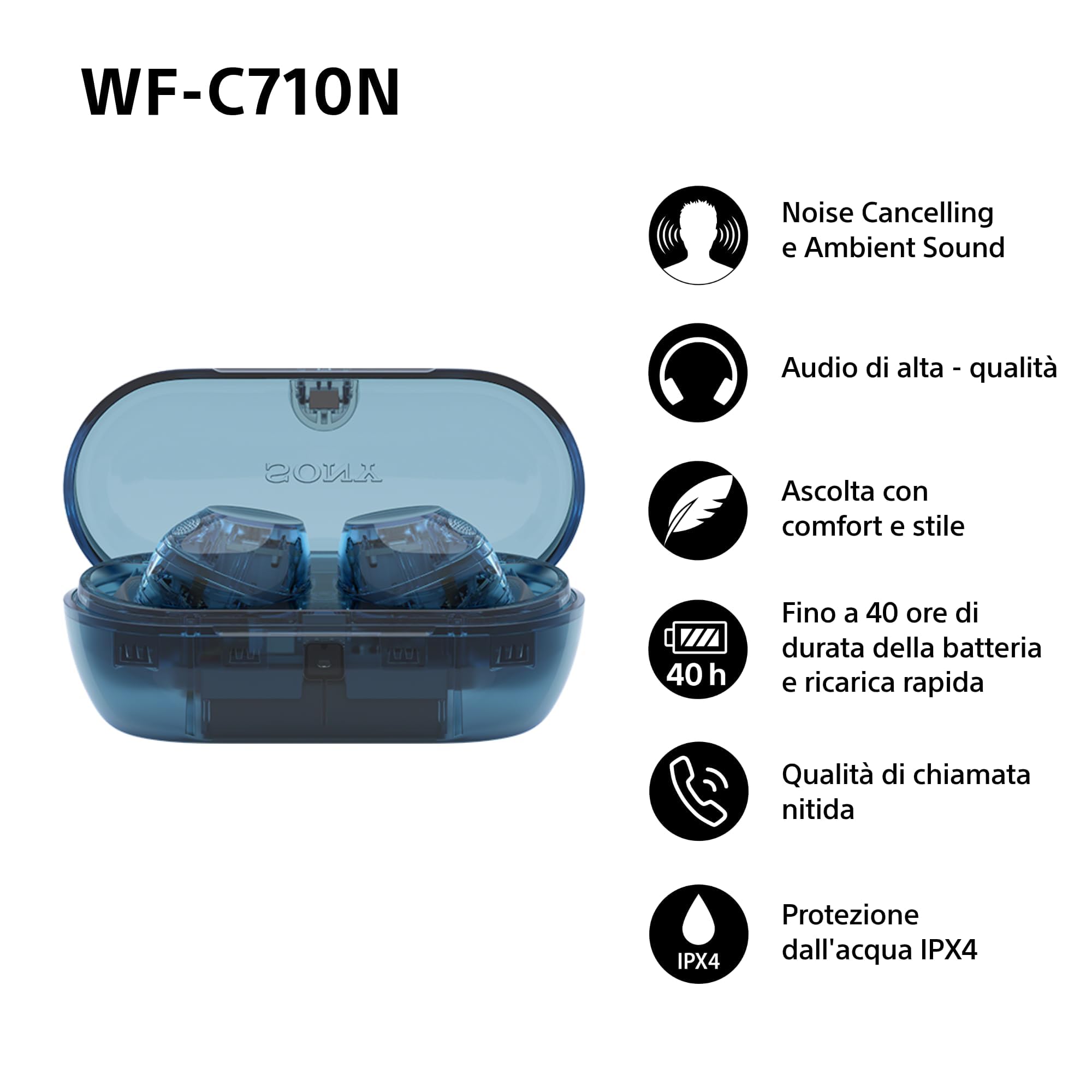 Sony WF-C710N auricolari Truly Wireless con Noise Cancelling, qualità delle chiamate,connessione multipoint,IPX4, fino a 40 ore di autonomia, compatibili con iOS e Android, Glass Blue (nuovo modello)