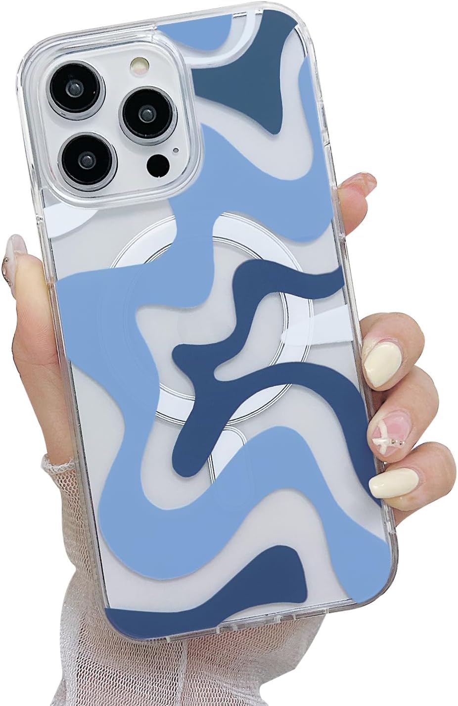 Sayoaho Designed for Magnetic iPhone 14 Case/iPhone 13 Case, Compatible with MagSafe, Cute Art Wavy Painted for Women, Soft TPU Edge PC Back Protective Shockproof Phone Cover (Blue)