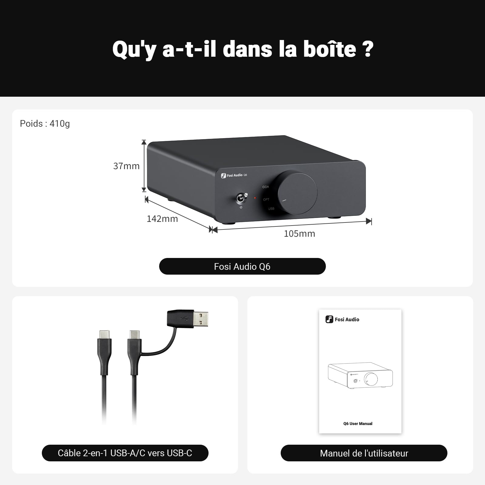 Fosi Audio Q6 Mini DAC de Bureau, Convertisseur Audio Numérique vers Analogique USB C pour Amplificateur Stéréo Domestique et Ampli Casque, Entrée OPT/COA, Sortie RCA/Sub-Out, Haute Résolution