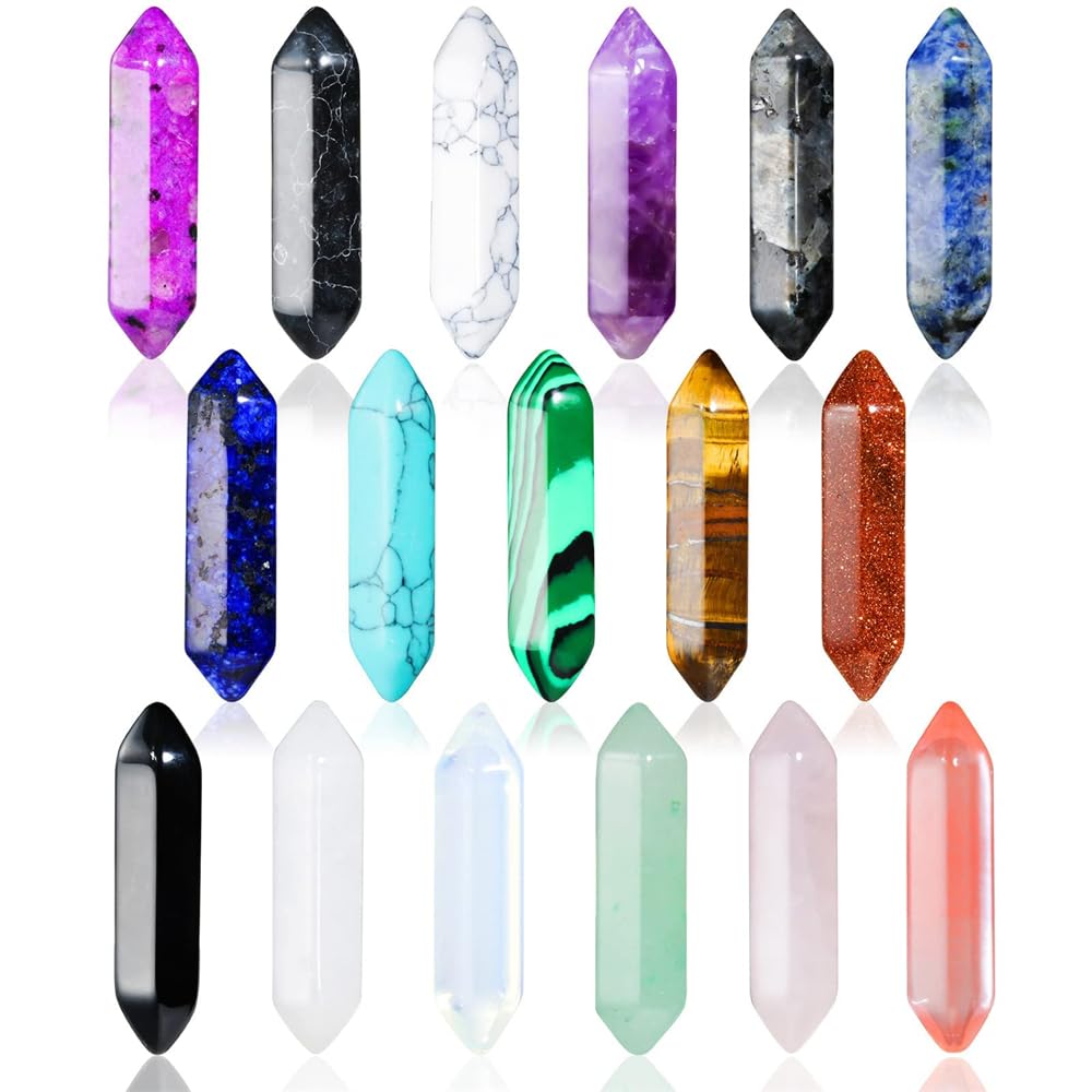 YARDHOBI 17 Pcs Healing Crystals Stones Sets, Hexagonal Bullet Shaped Reiki Meditation Gemstone, Chakra Stones, Tiger Eye Obsidian Quartz Crystals Gemstone Wand Set Pendants, Meditation Therapy Gift