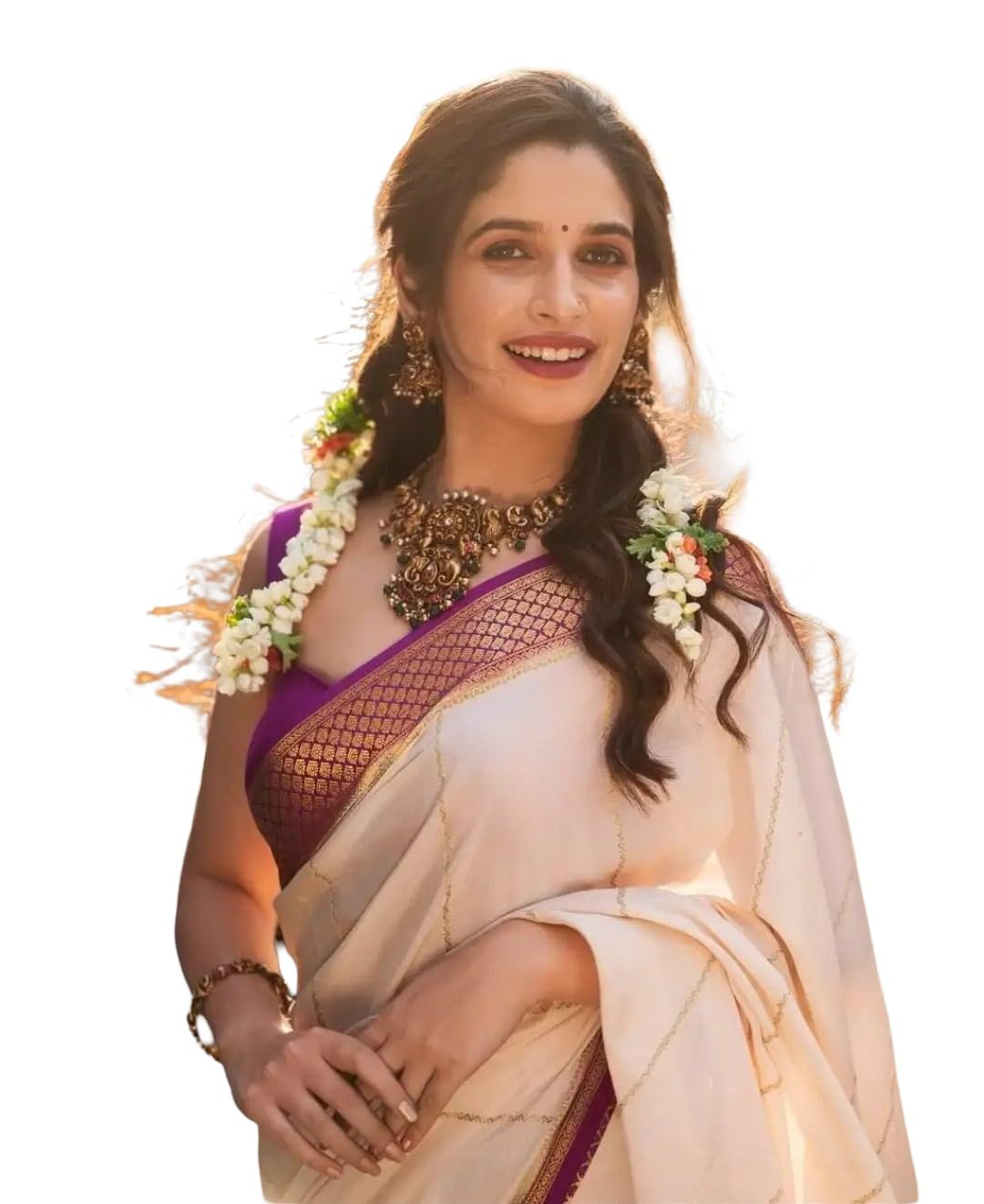Traditional Kerala Kasavu Saree with Purple Border, Off-White Cotton Silk, Ethnic Wear