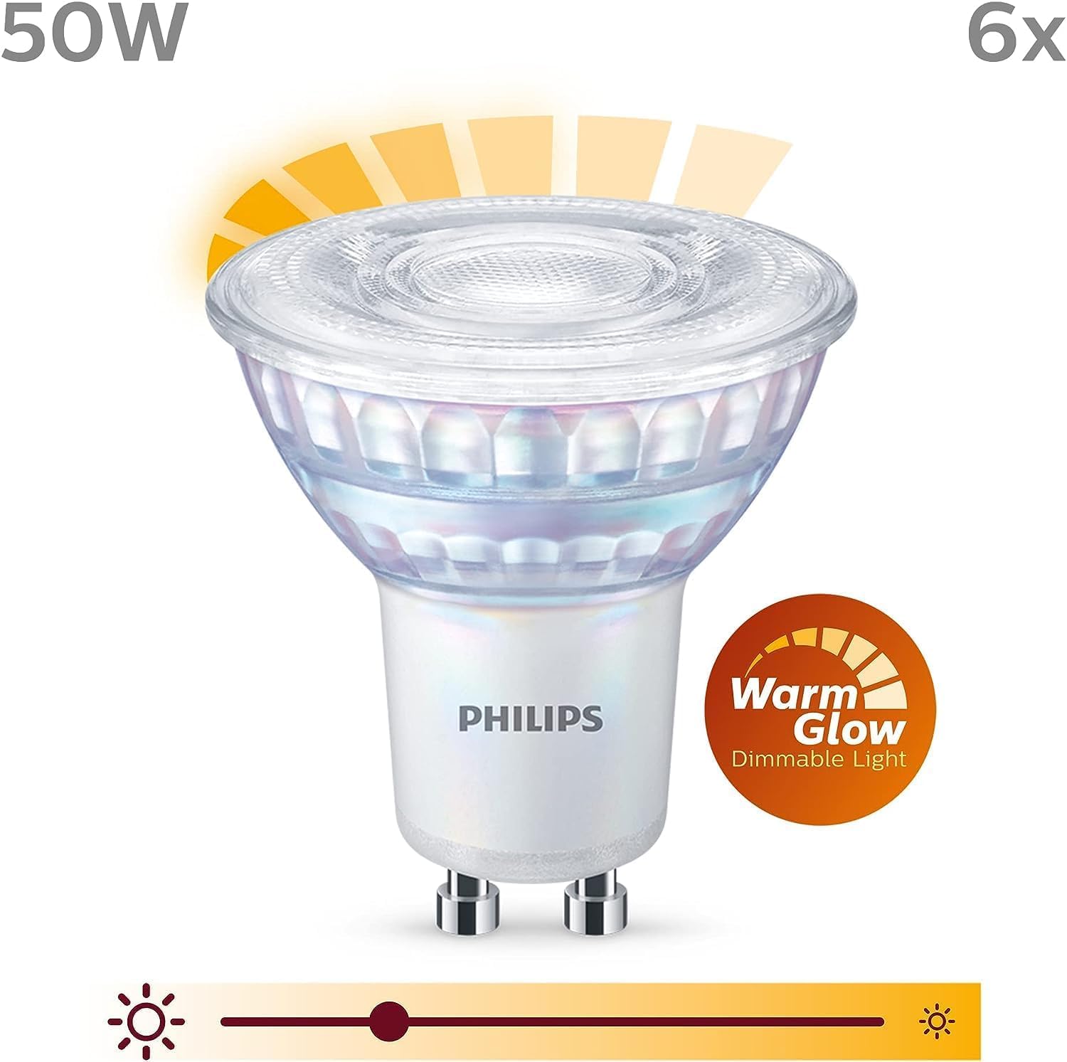 Philips - LED Gu10, 3.8 W Equivalente a 50 W, 345 Lumen, Regulable, Blanco Cálido, 6 Unidad (Paquete de 1)