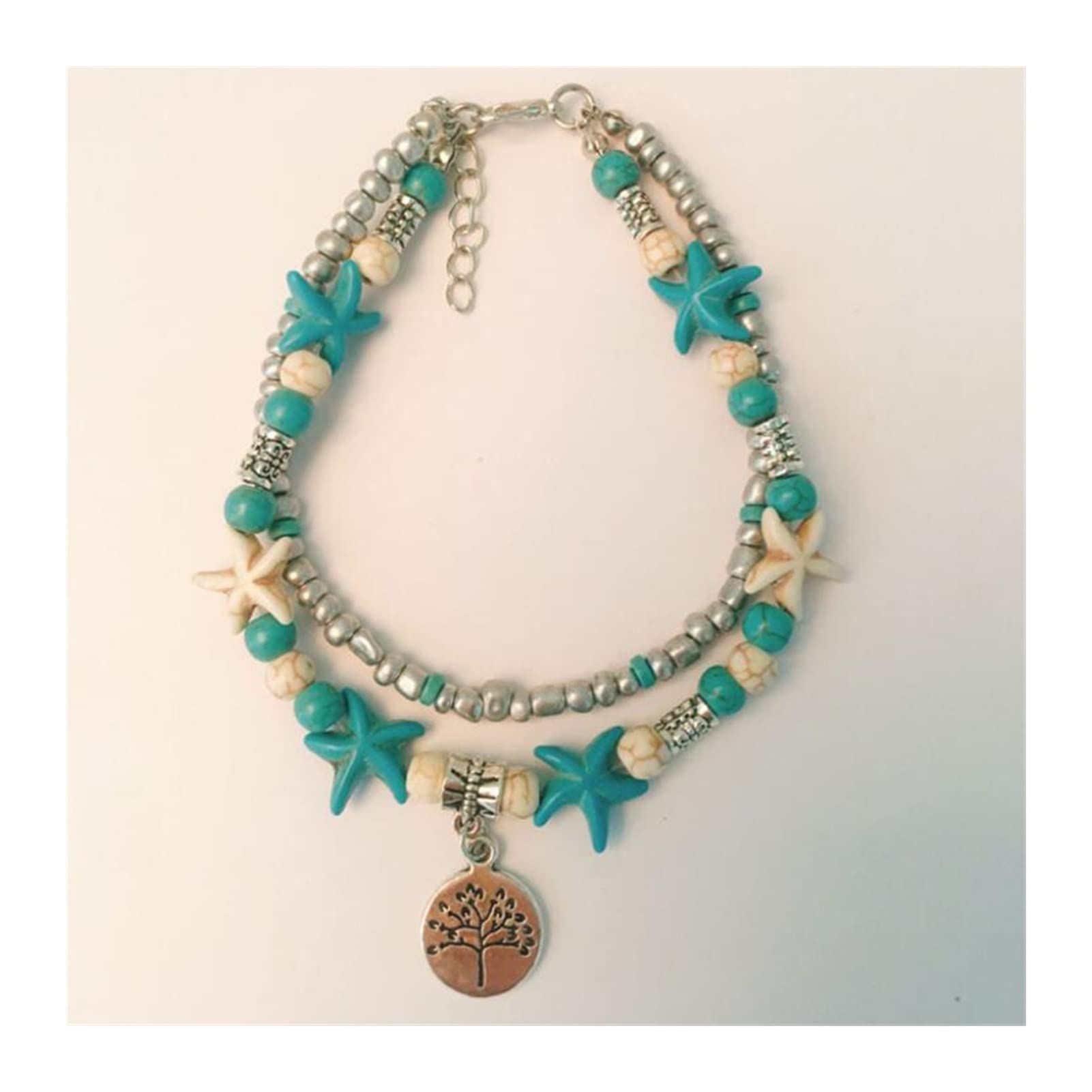 Tobilleras Tobillera Estrella de mar Cuentas de arroz Perla Turquesa Tortuga Tobillera Variedad de Tobilleras de Playa de Doble Capa Opcionales Joyas Mujeres Tobilleras (Color : Big Tree Money)