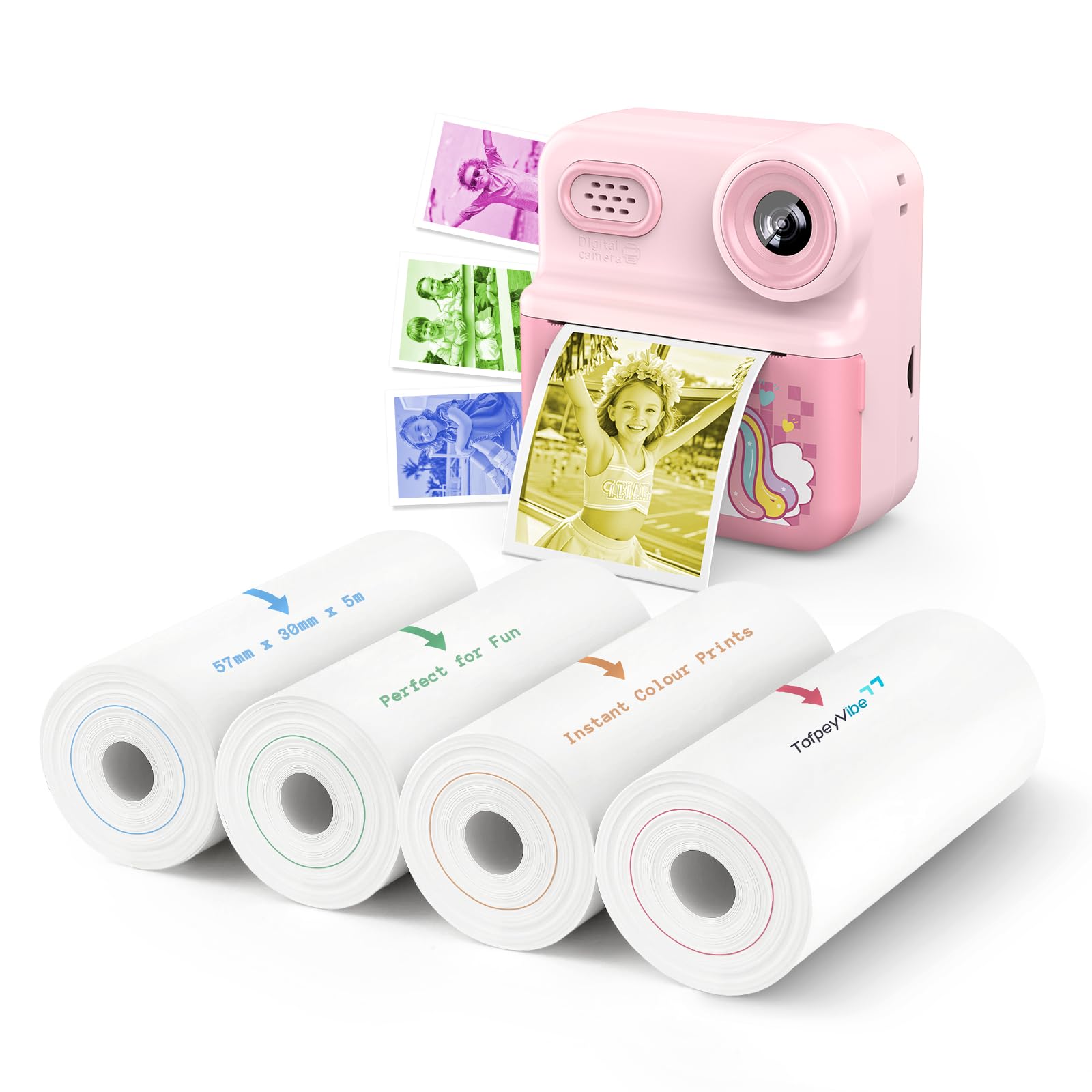 TofpeyVibe Colour Refill Paper Rolls for Kids Instant Print Camera – 4 Pack (Blue Green Orange Red) 57 × 30 mm Thermal Paper – Inkless Smudge-Free Roll for Children’s Instant Camera