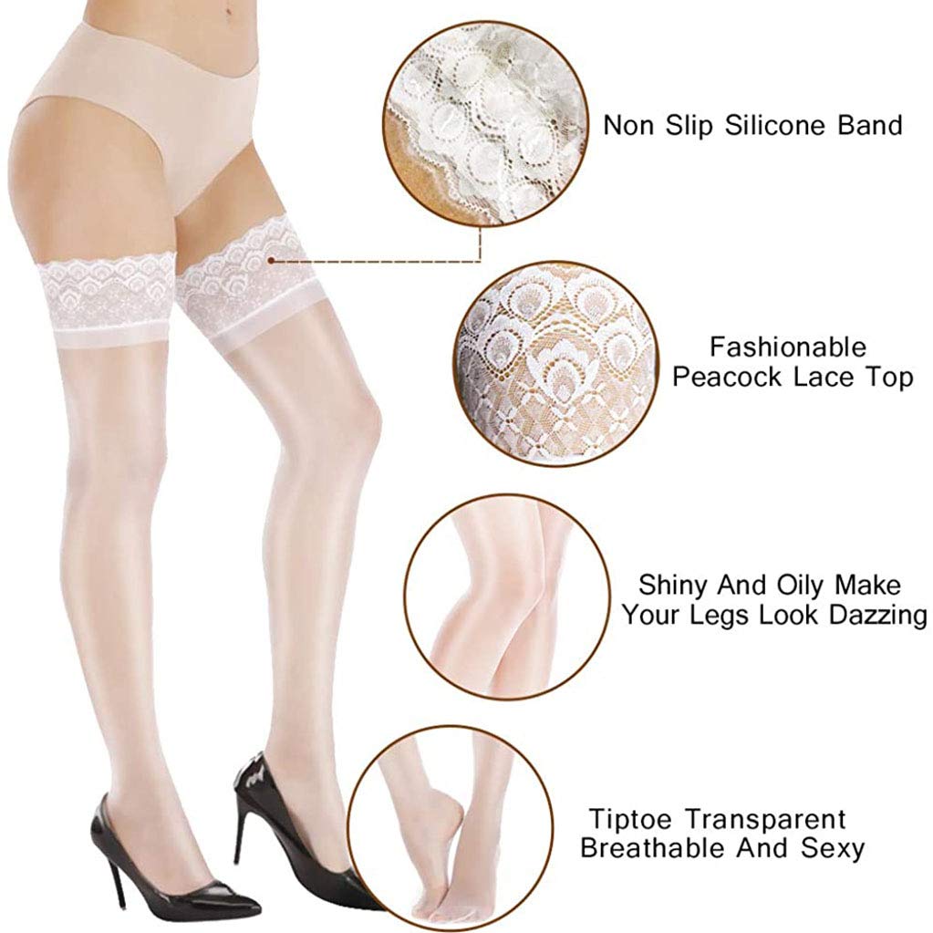Medias de mujer, medias suaves hasta el muslo con parte superior de encaje, medias transparentes hasta el muslo, medias de silicona antideslizantes ultrabrillantes, negras, 2 pares (talla única blan