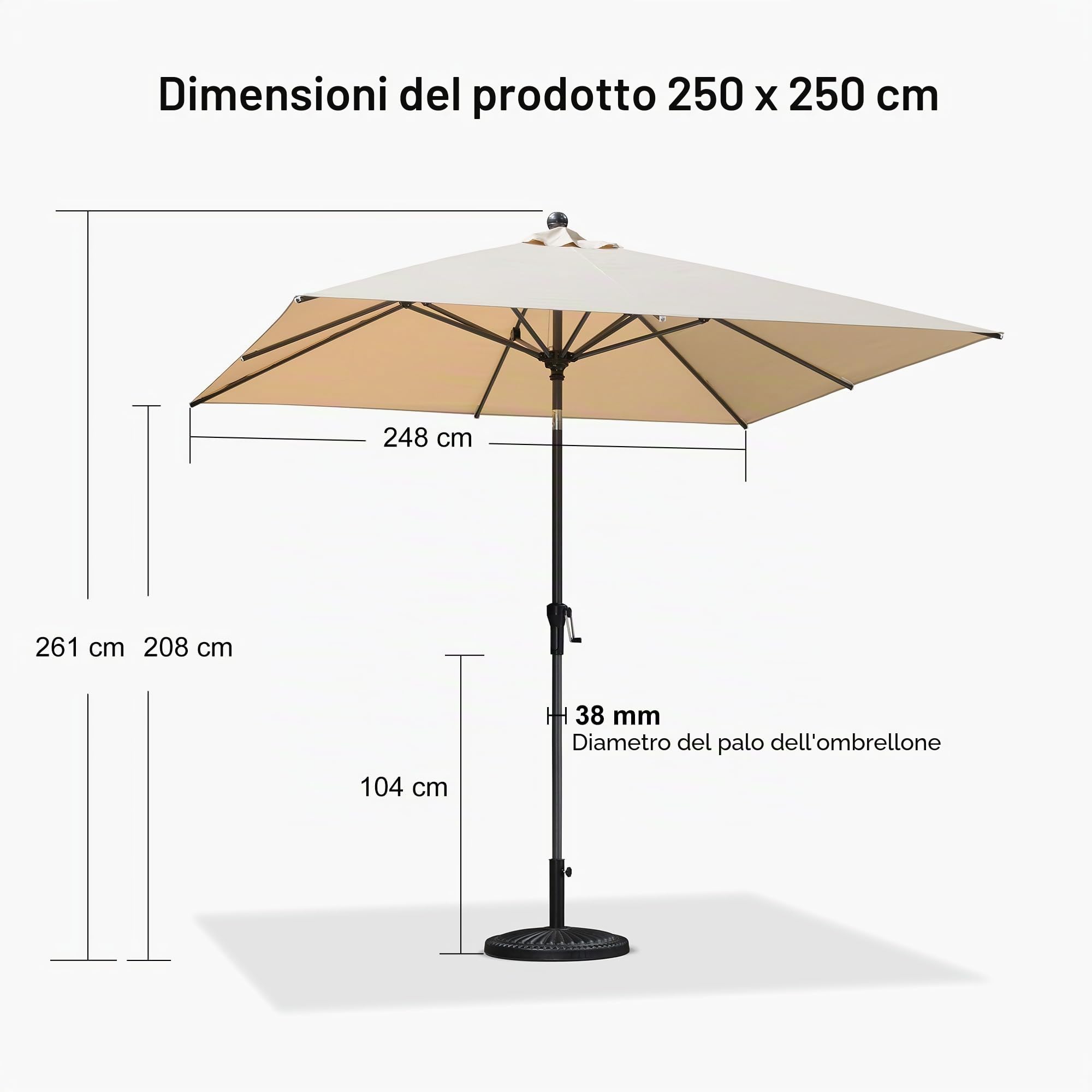 PURPLE LEAF Ombrellone da giardino da esterno inclinabile 250 x 250 cm, ombrellone con 8 stecche e palo centrale in alluminio, protezione UV per balcone, terrazza patio, cachi