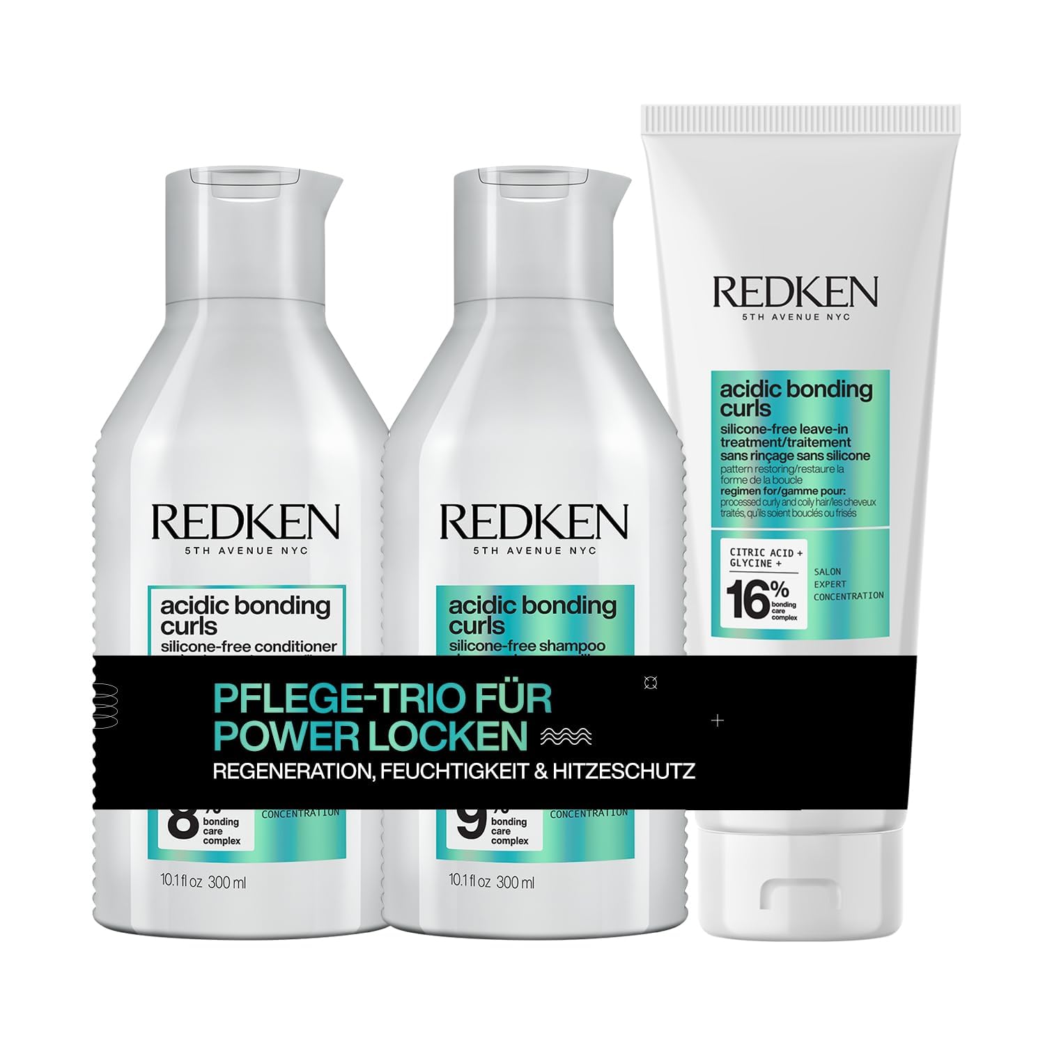 Redken Pflegeset mit Shampoo, Conditioner und Treatment zur Regeneration der Struktur von behandelten, geschädigten Locken, Mit Zitronensäure und Glycin, Silikonfrei, Vegan, Acidic Bonding Curls