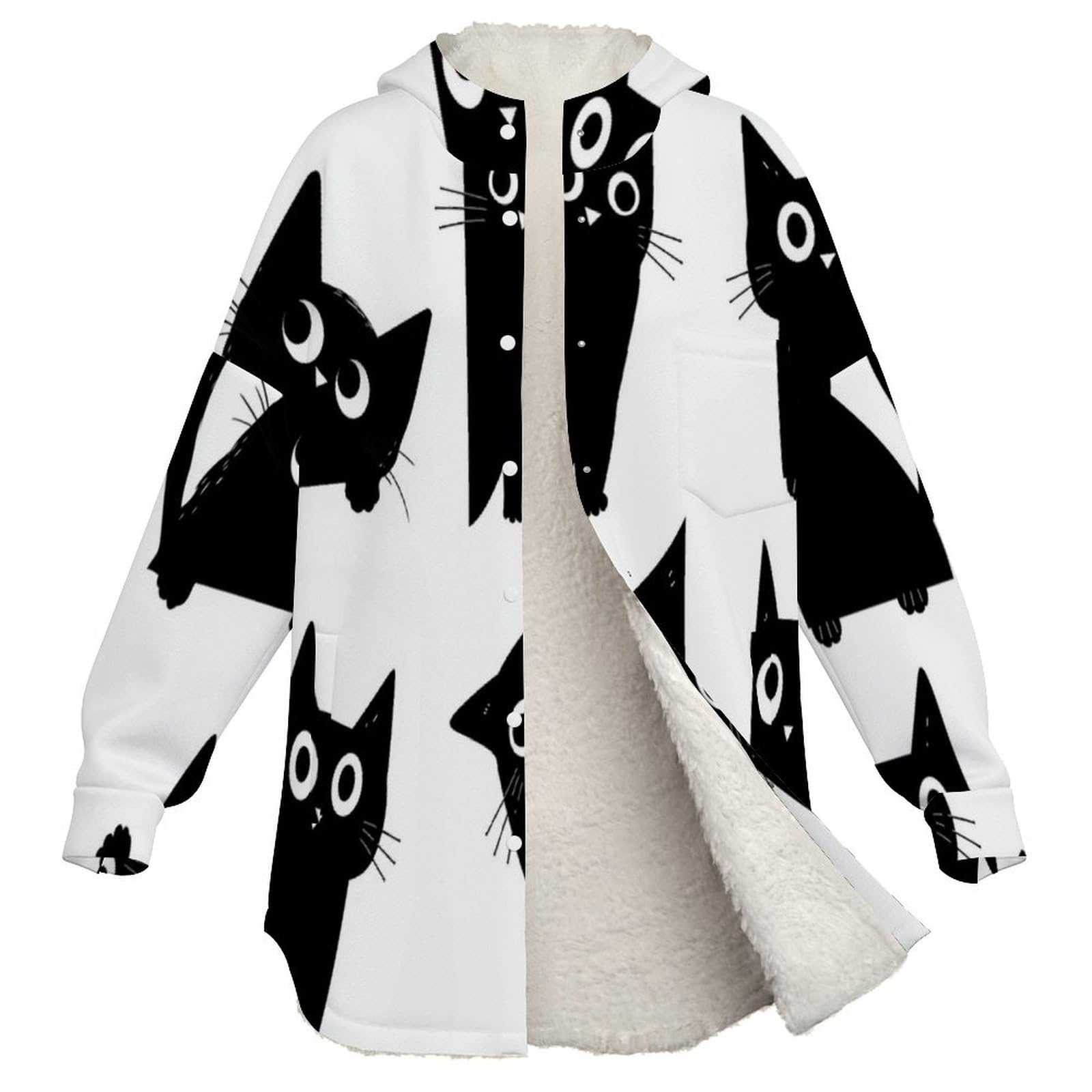 Sudadera Invierno con Capucha de Forro Polar Mujer Silueta De Gato Negro Cálido Hoodies a Manga Larga Felpa Sudadera con Bolsillos, En Blanco Y Negro