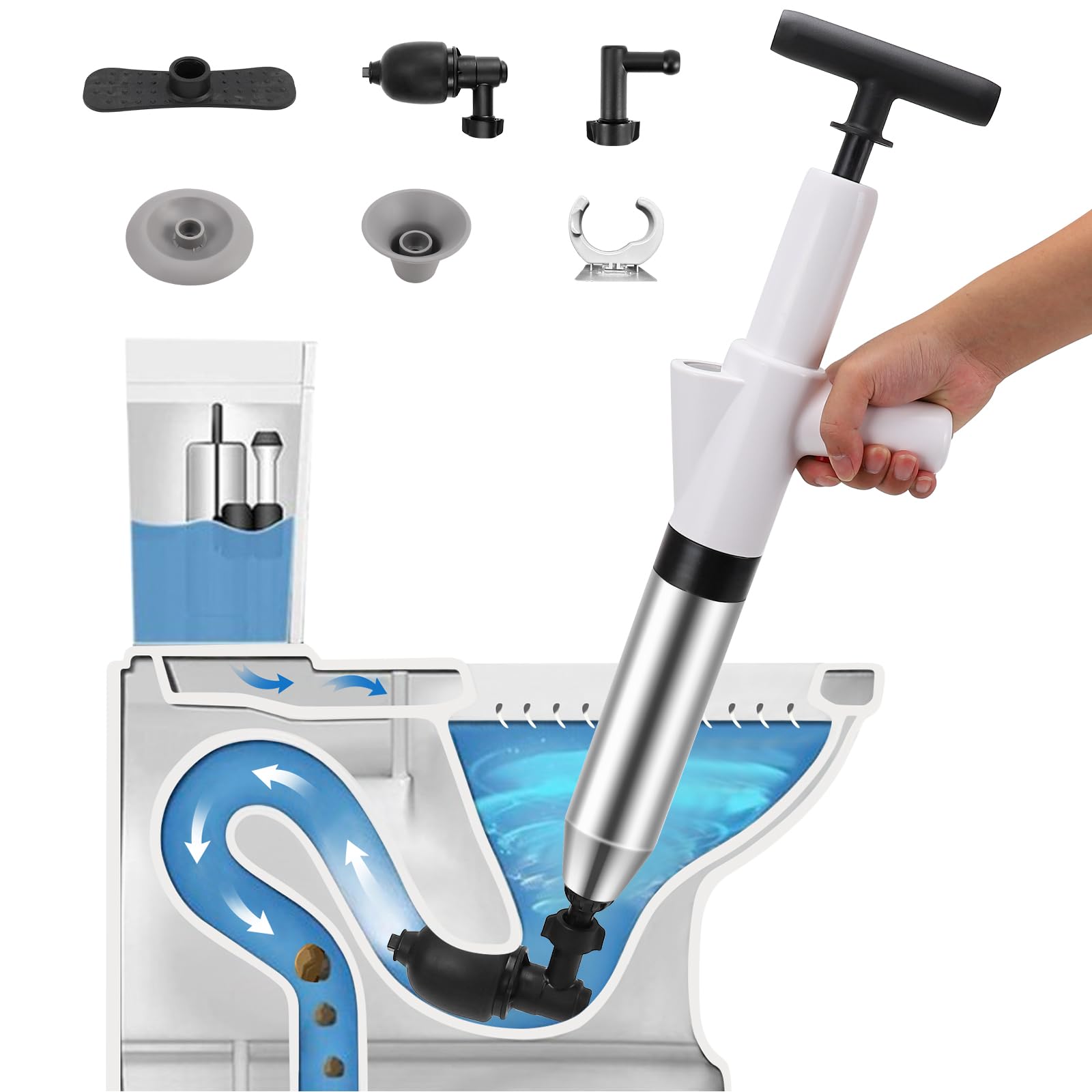 Desatascador de inodoro, herramienta de desatascador de inodoro, pistola de drenaje de aire de alta presión con barómetro visual, desatascador para baño, cocina, bañera, inodoro, desagüe de