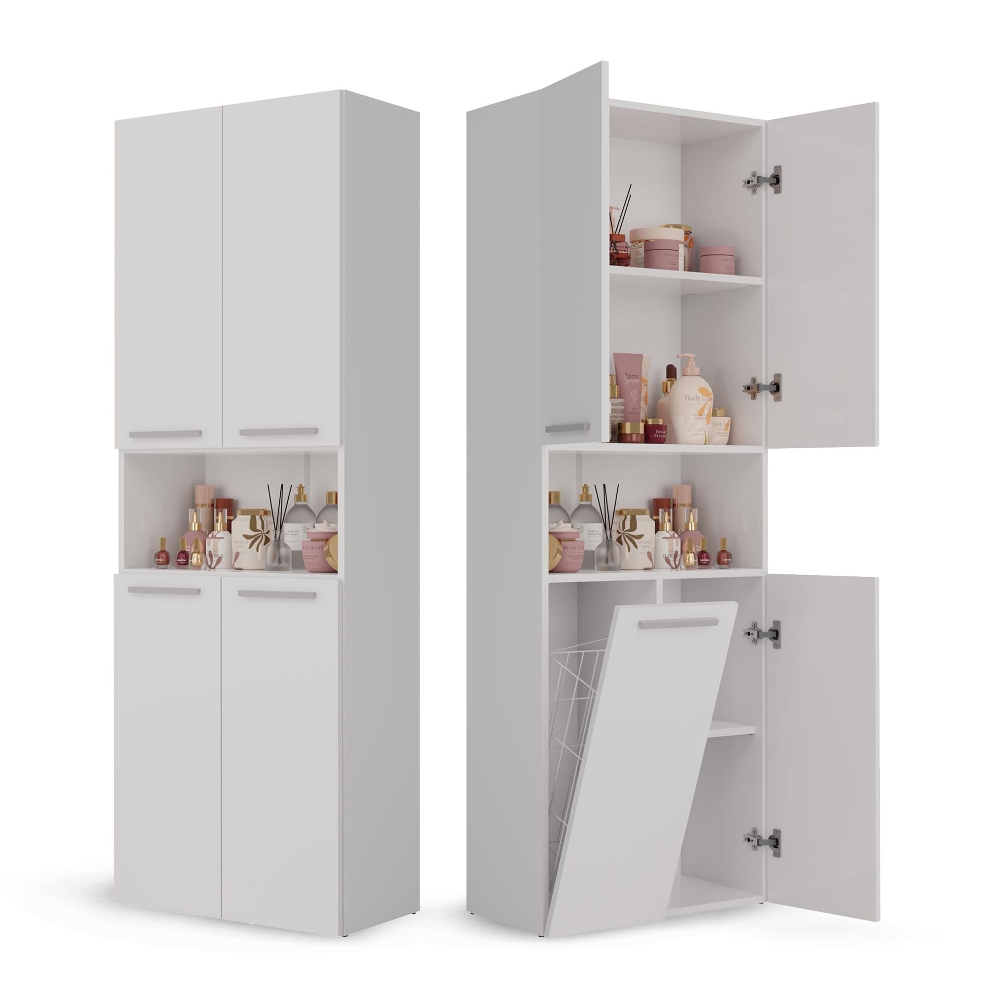 CDF Armoire Haute Salle de Bain Meuble Colonne de Salle de Bain Armoire de Rangement à 4 Portes avec Etagère Réglable pour Salon Cuisine - 60x30x174 cm Blanc - 1 Panier à Linge